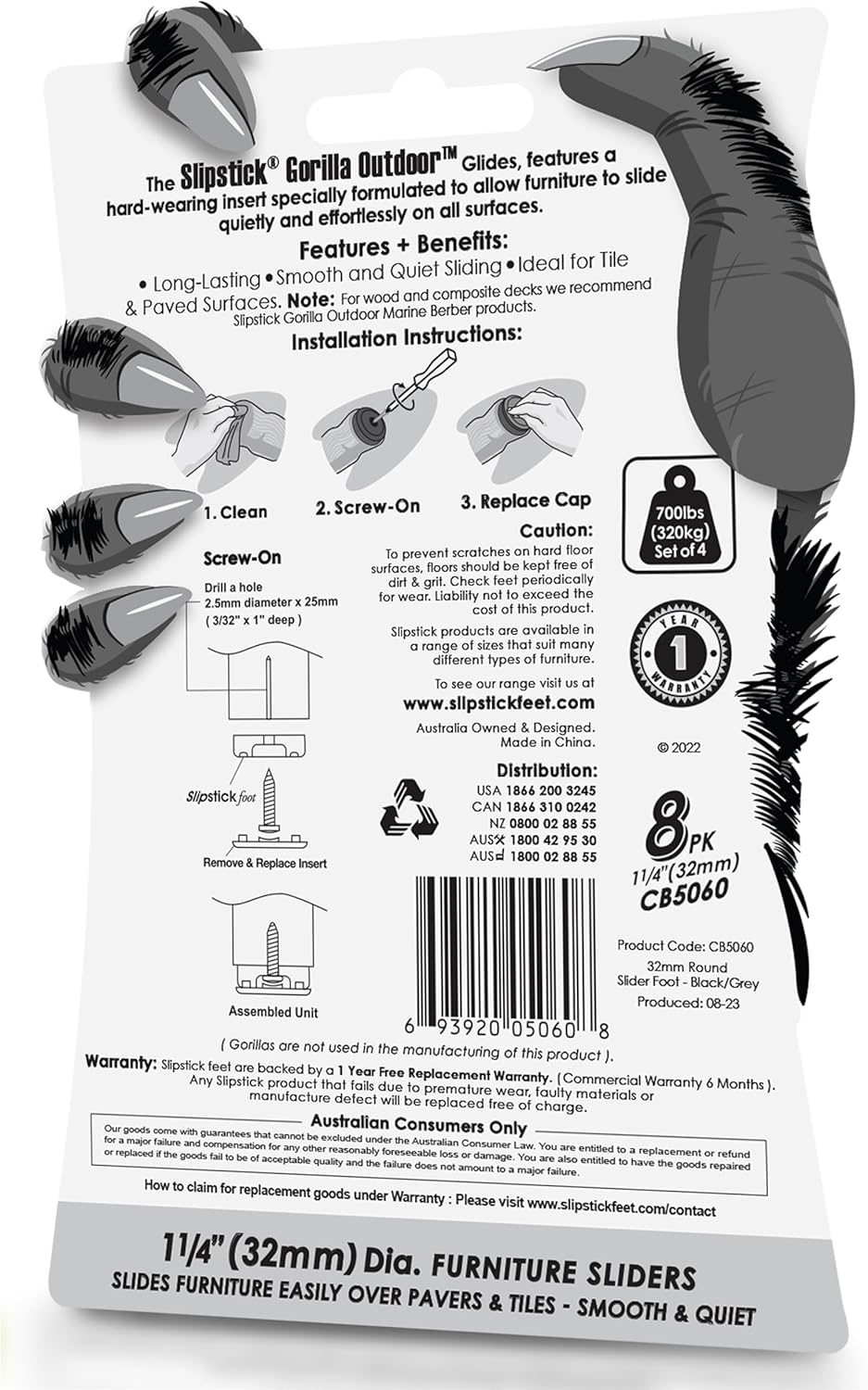 Gorilla Outdoor 1-1/4 Inch Furniture Sliders/Chair Glide Floor Protectors (Set of 8) Screw-On Nylon Furniture Glides for Sliding on Outdoor and Indoor Floors