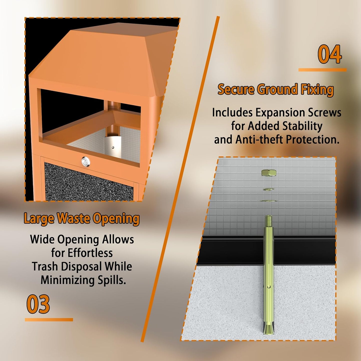 Commercial Metal Outdoor Trash Can with Lid, Lockable Outdoor Garbage Can with Nature Stone Panels, Heavy-Duty Rustproof Trash Bin with Removable Liner for Parks & Public Spaces