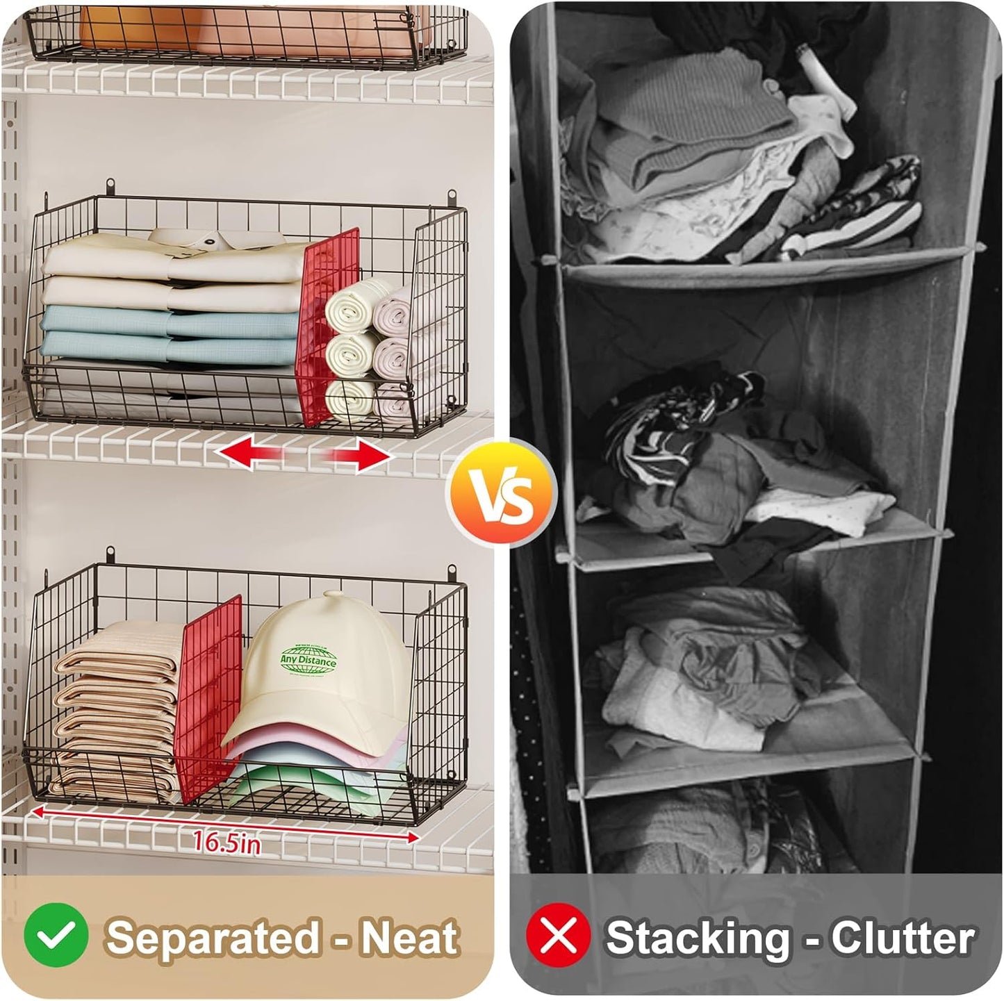 5 Tier Extra Large Closet Hanging Organizer with 5 Dividers,16.5"L x 11.8"W x 51.4"H Closet Organizers and Storage with 5 S Hooks,Clothes Organizer for Sweaters Clutches Handbags Hats Accessories