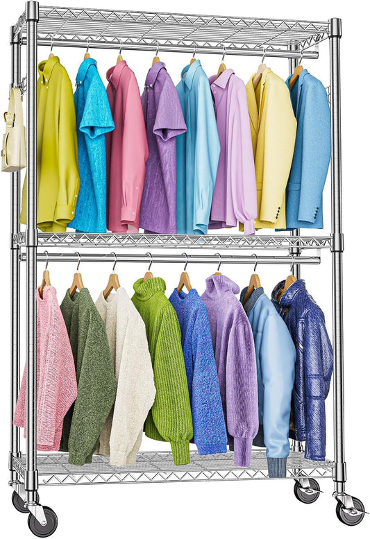 Heavy Duty Rolling Garment Rack 3 Tiers Adjustable Wire Shelving Clothes Rack with 2 Rods and Side Hooks,Storage Closet Clothing Rack with Wheels Chrome 15.7" D x 45.3" W x 79.6" H