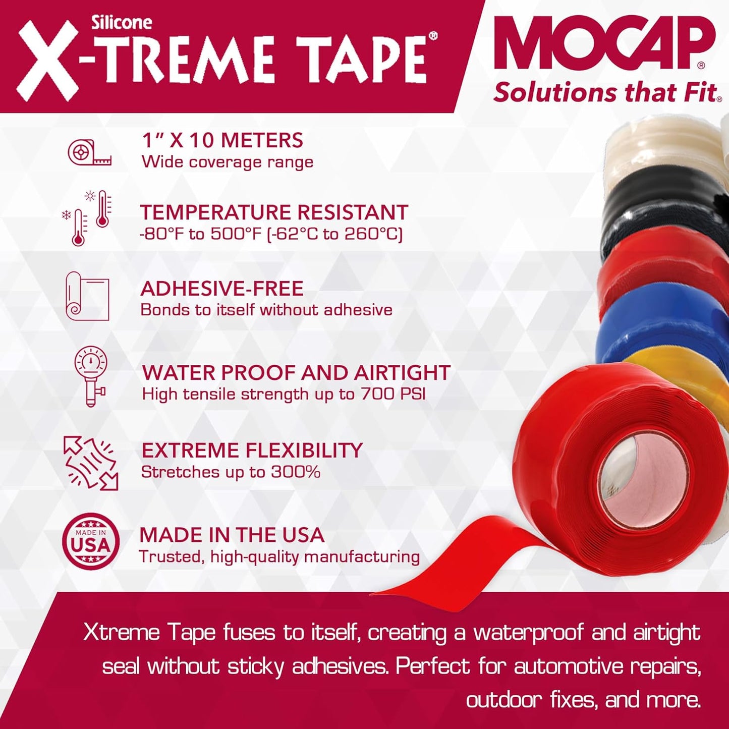 X-Treme Tape MOCAP Heavy Duty Electrical Tape, Self-Fusing Silicone Rubber, Waterproof & Insulating Flexible Tape, Electrical for Hose, Automotive, Outdoor & Repairs - 1" x 10ft Roll - Bright Red