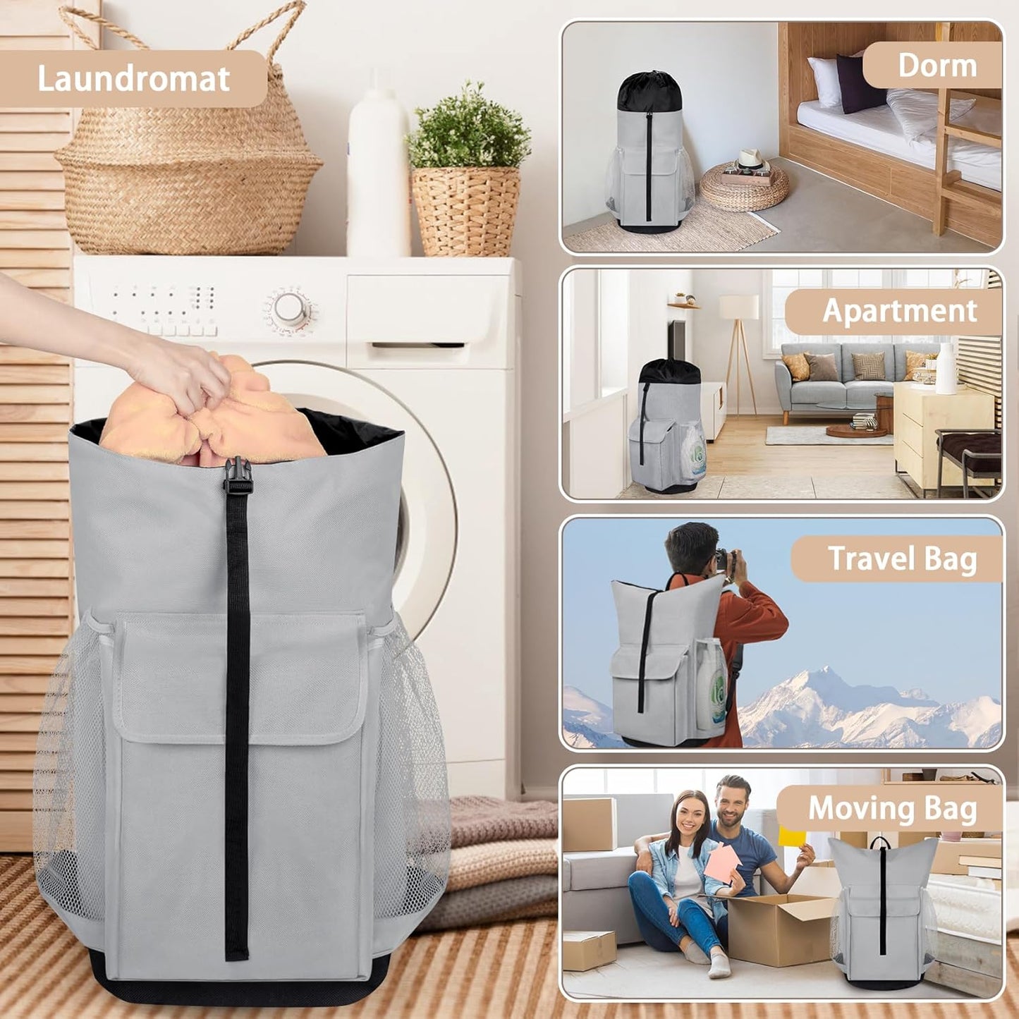 Laundry Backpack Bag, 132L Extra Large Heavy Duty Laundry Backpack for College Dorm Essentials, Laundry Hamper Travel Bag with Shoulder Straps and Mesh Wash Bags for Laundromat, Apartment Grey