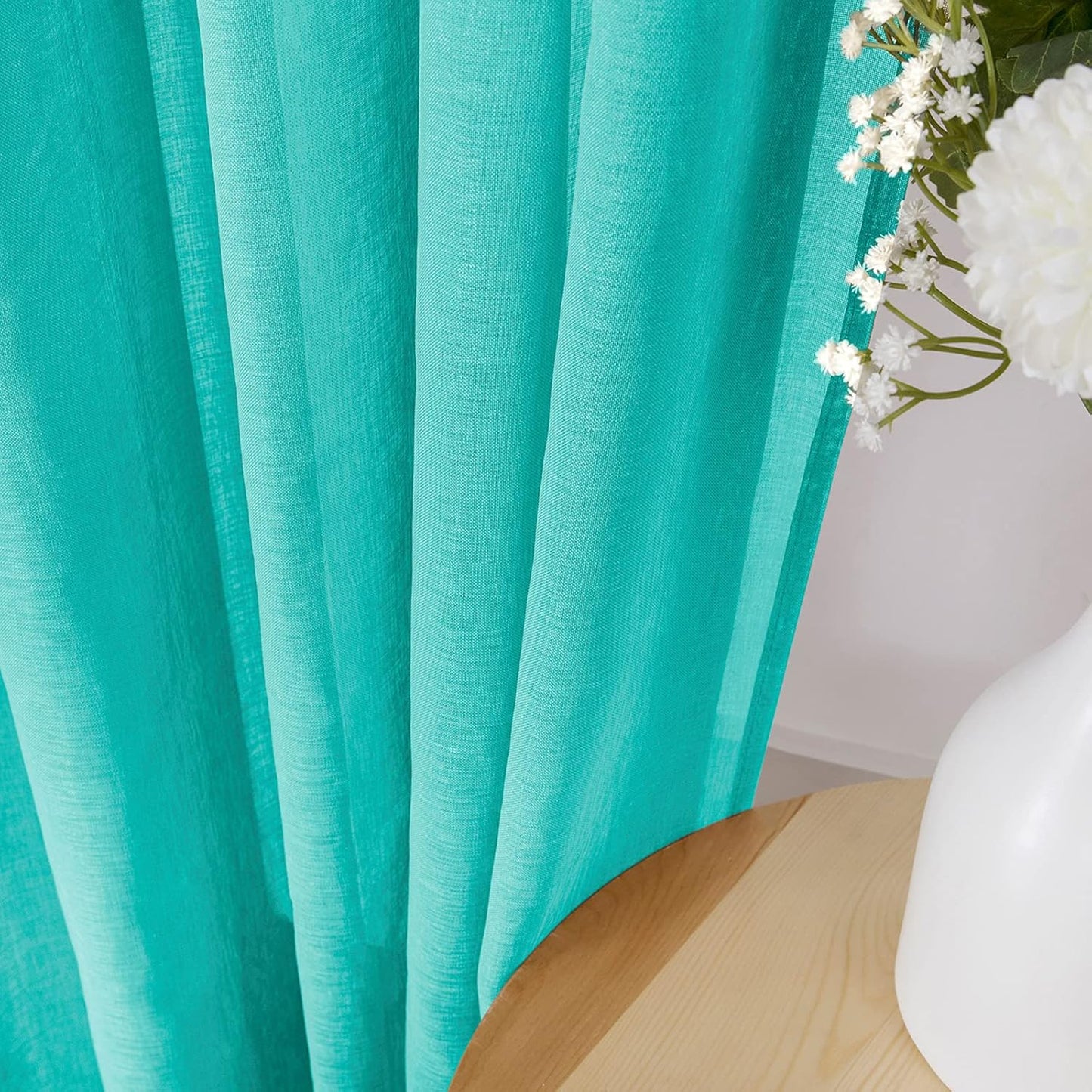 Tollpiz Short Sheer Curtain Linen Textured Living Room Curtains Sheer Light Filtering Rod Pocket Voile Curtain for Bedroom, 42 x 54 inches Long, Aqua Blue, Set of 2 Panels