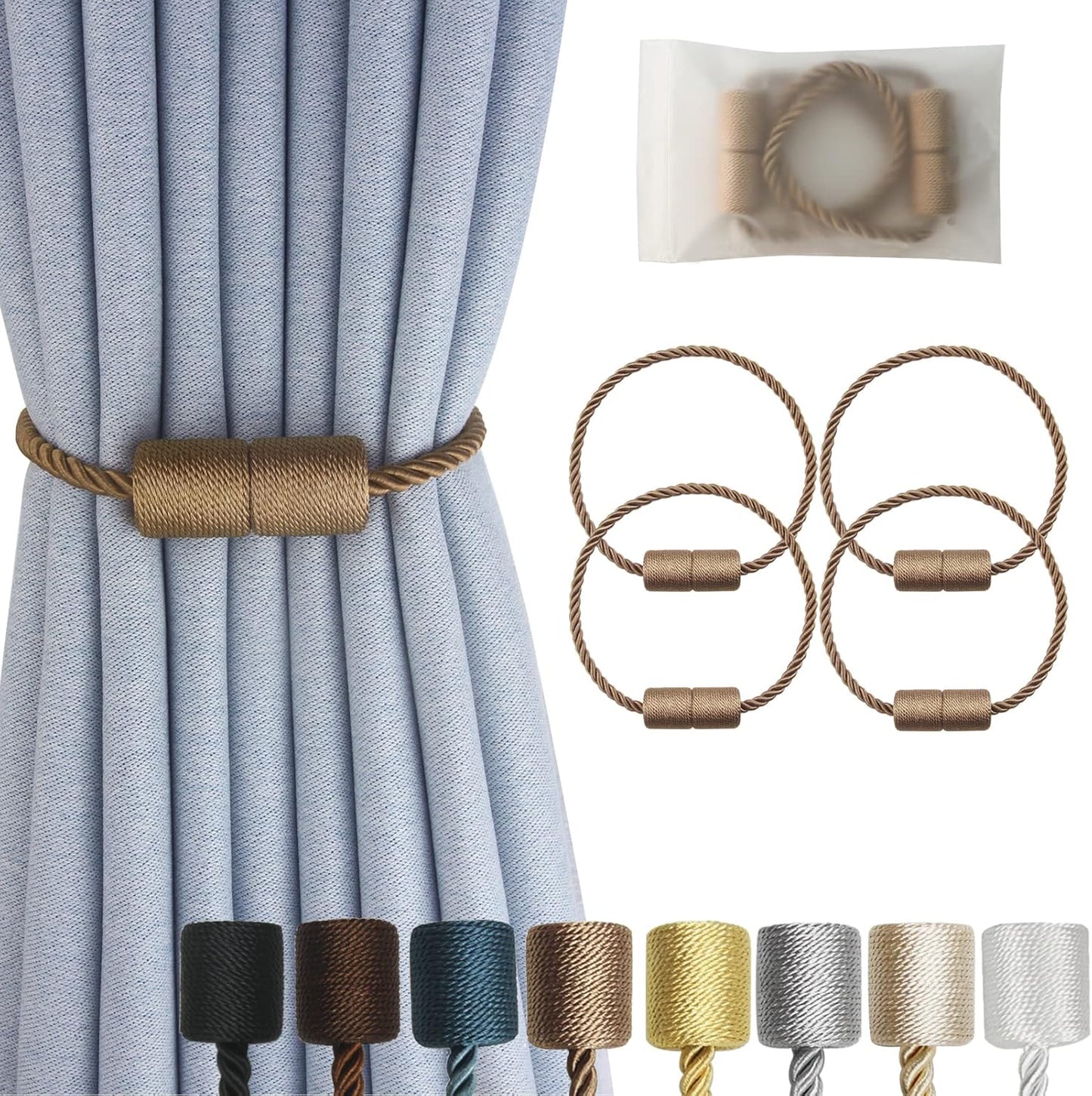 Magnetic Curtain Tiebacks 4 Pack Khaki Curtain Rope Tieback Curtain Holders for Drapes Modern Tie Backs Decorative Curtain Holdbacks