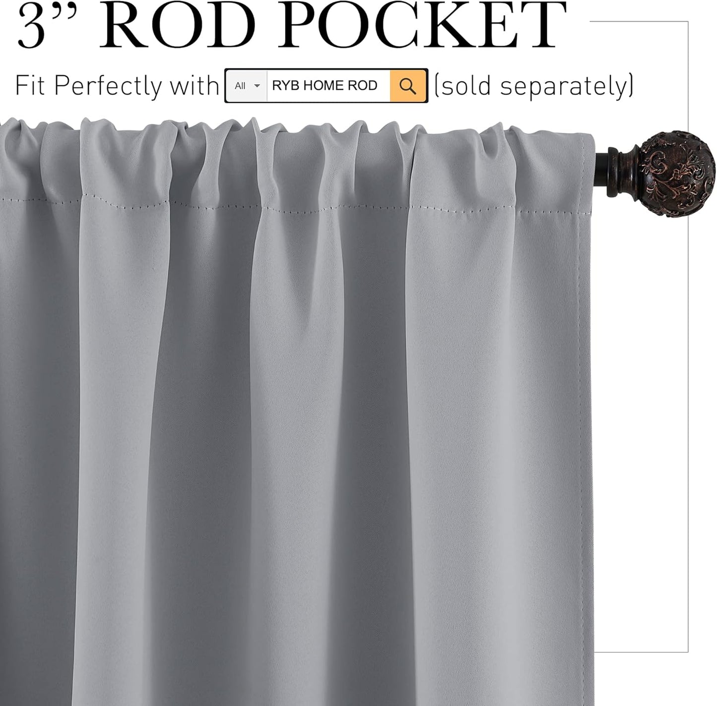 RYB HOME Small Window Curtains - Light Block Privacy Portable Drapes for Bedroom Kitchen Cabinet Kid Basement RV Curtains, Wide 29 x Long 36 per Panel, Silver Grey, 2 Pcs