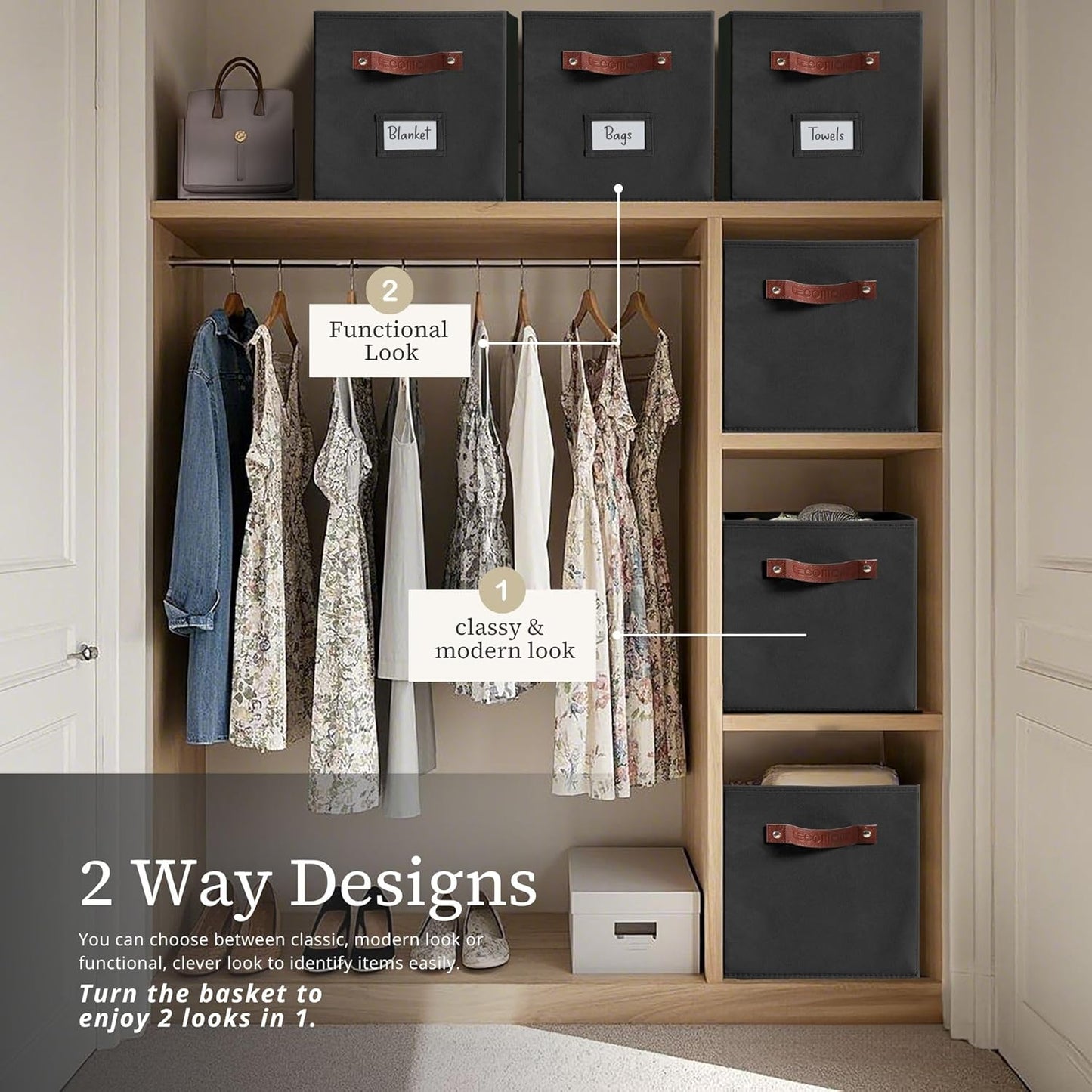 DECOMOMO Storage Bins, Cube Storage Bin with Labels, Fabric Storage Cubes for Shelves (10.5" x 11" / 6pcs, Black)