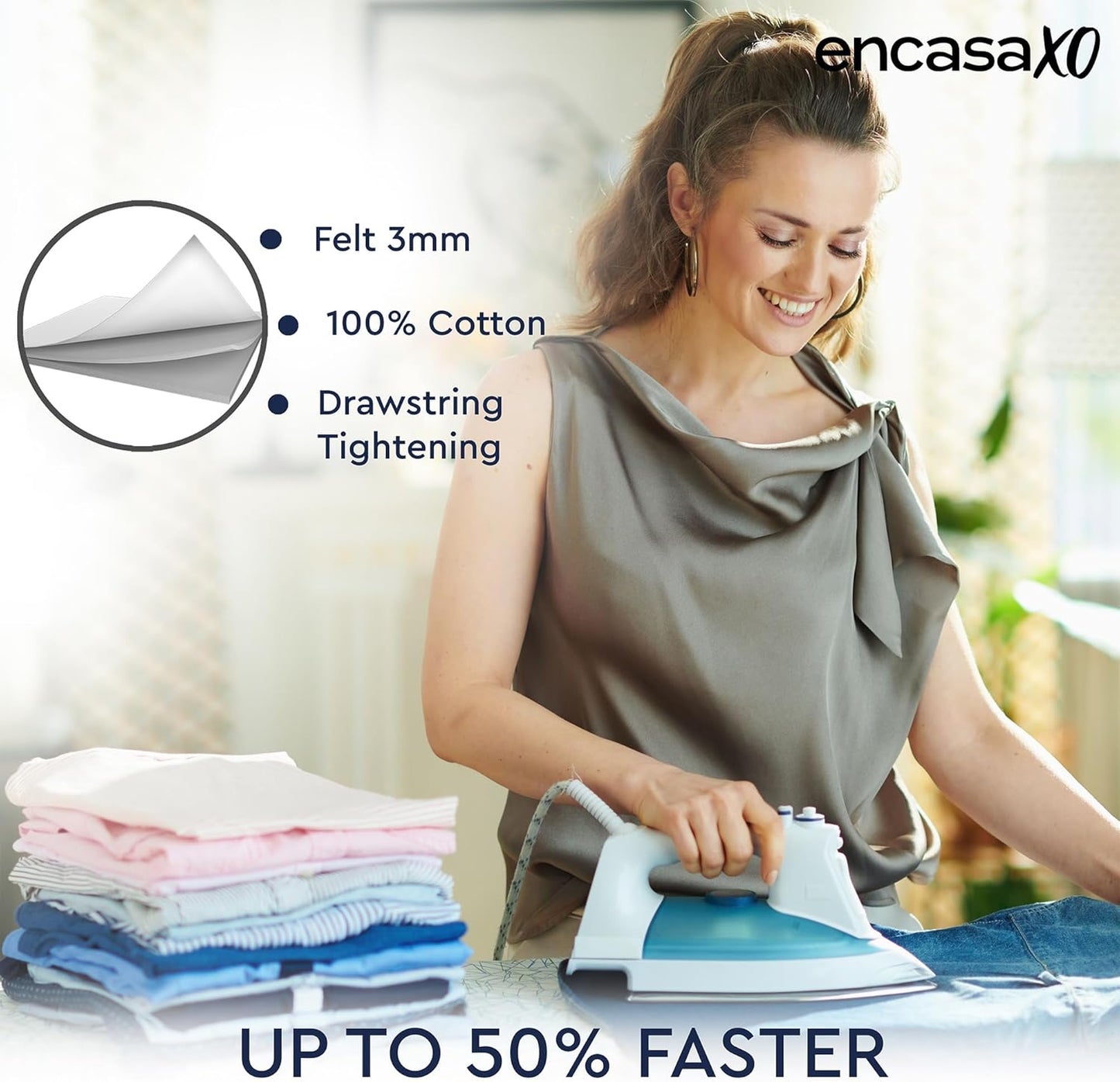 Encasa XO Ironing Board Cover and Pad 28"x12" - Thick 3mm Felt Padding, Drawstring Tightening & Lock, Easy Fit, Scorch & Stain Resistant, Fits Mini Ironing Board - Daisy Grey