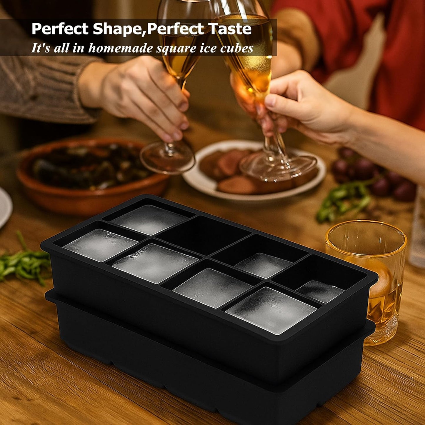 Bangp Large Ice Cube Tray for Whiskey,2 Pack Stackable Big Ice Cube Molds Make 16 Big Whiskey Ice Cubes,Easy Release Square Ice Cube Maker for Cocktails,Whiskey,Soups and Frozen Treats