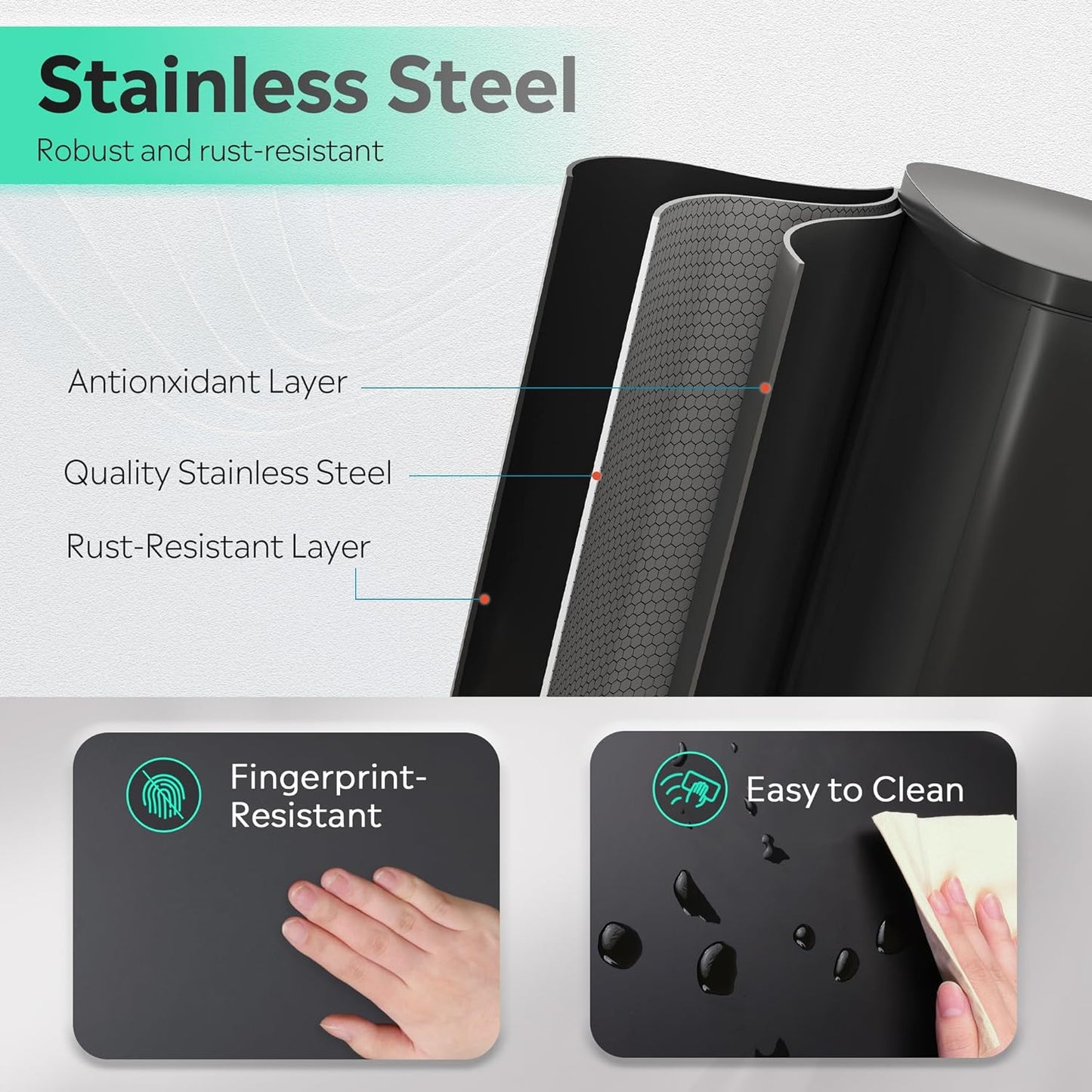 WLIVE 13 Gallon Stainless Steel Trash Can with Inner Bucket, Kitchen Garbage Can with Lid, 50L Soft Close Step Trash Can with Metal Foot for Home, Kitchen, Laundry Room, Office, Black