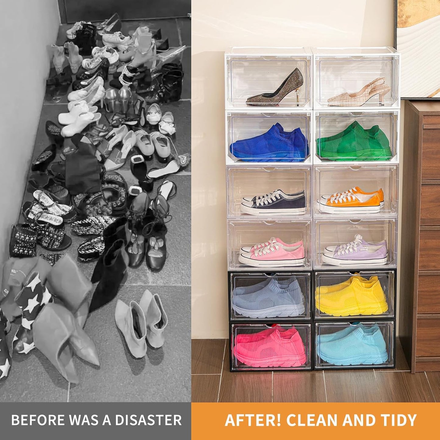 12 Pack White Shoe Boxes Stackable,Large Shoe Storage Organizer with Magnetic Door,Drop Side Shoe Containers for Entryway,Sneaker Storage Fit up to US Size 12 for Men/Women(13’’x10.62”x8.26”