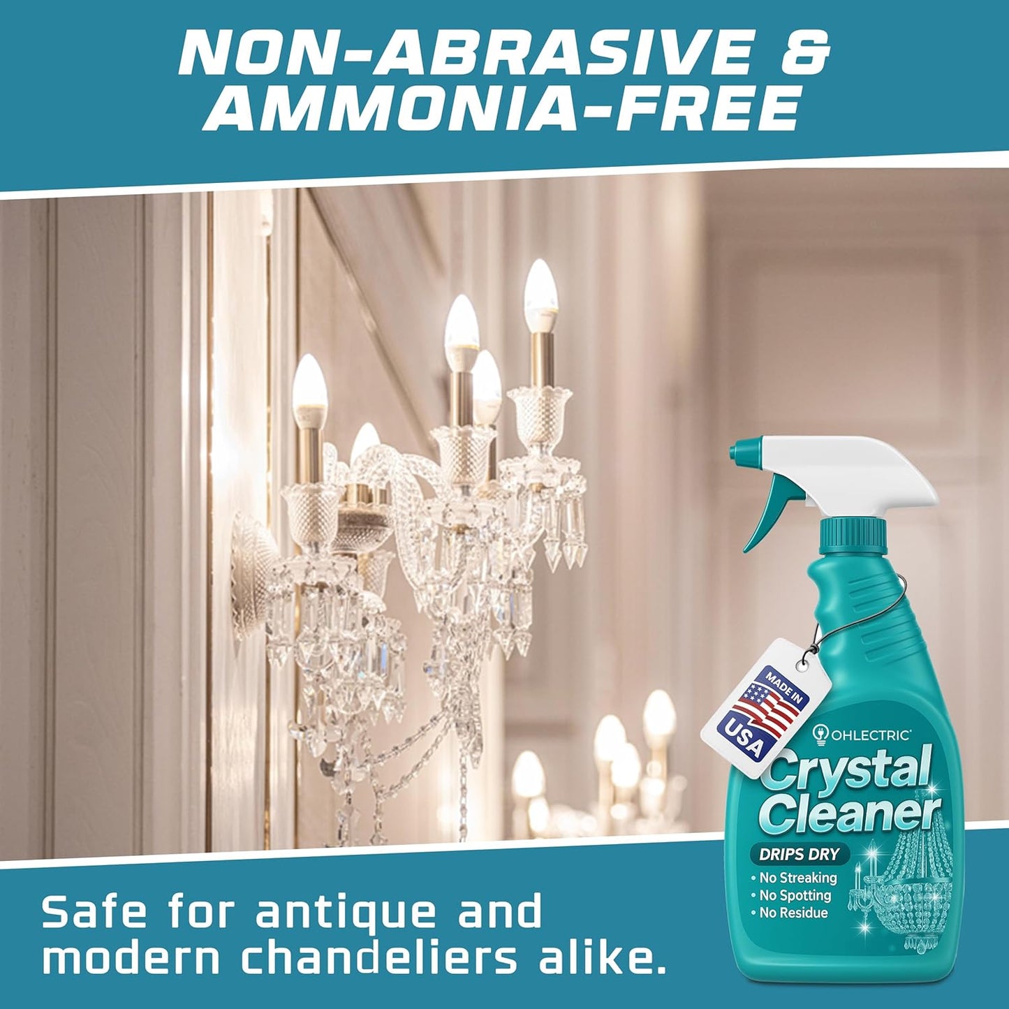 Crystal Chandelier Cleaner Spray Kit & Plastic Drop Cloth for Protection (32 oz) Drips Dry - No Spotting No Residue No Streaking Crystal Glass Spray Antique Chandeliers, All-Purpose Spray Cleaning Kit