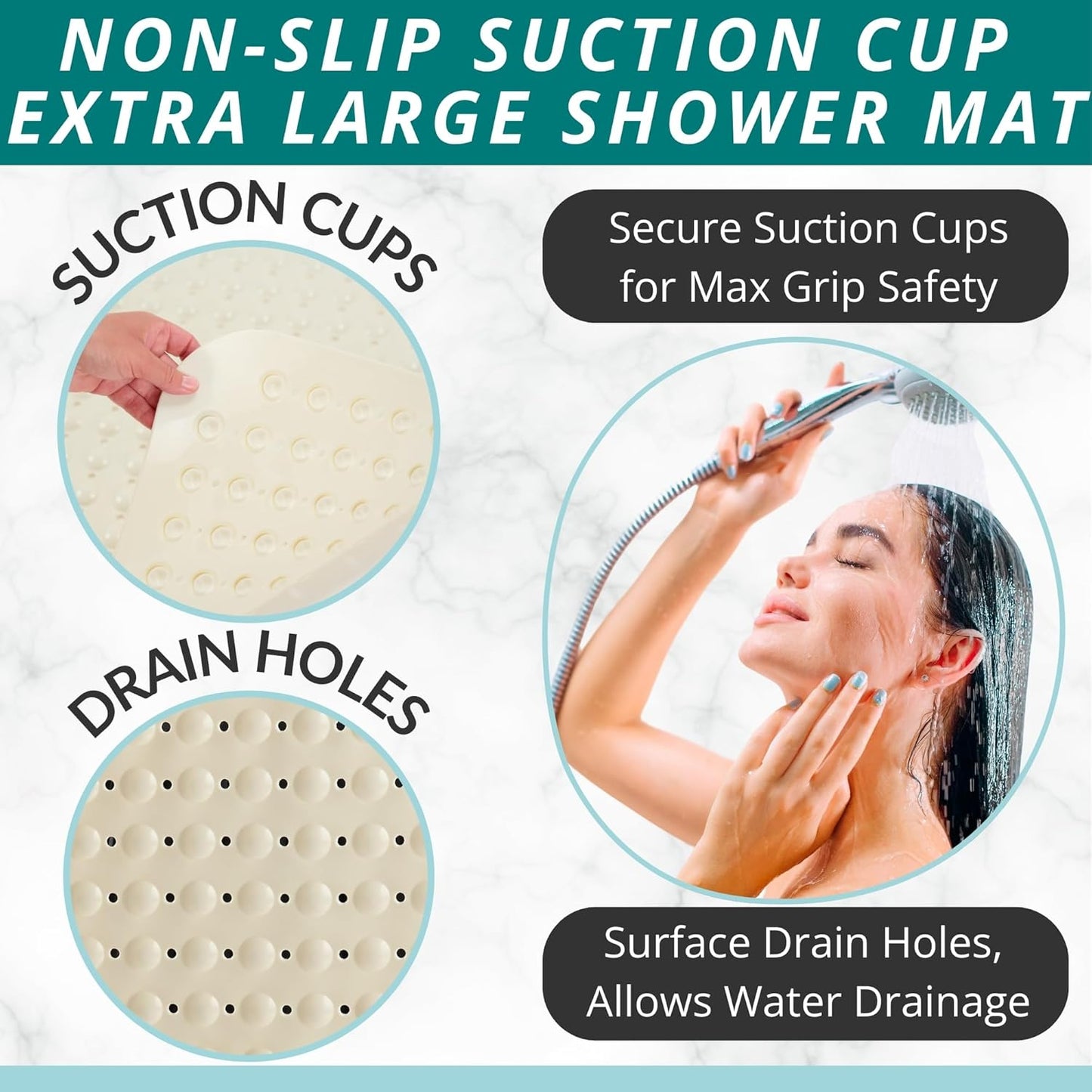 ENKOSI Extra Large Square Non Slip Shower Mat - 31 x 31-inch XL Bathroom Shower Mat - Square Shower Matts for Shower Stall Floors | Secure Suction Cups and Drain Holes (31x31 Pearl White)