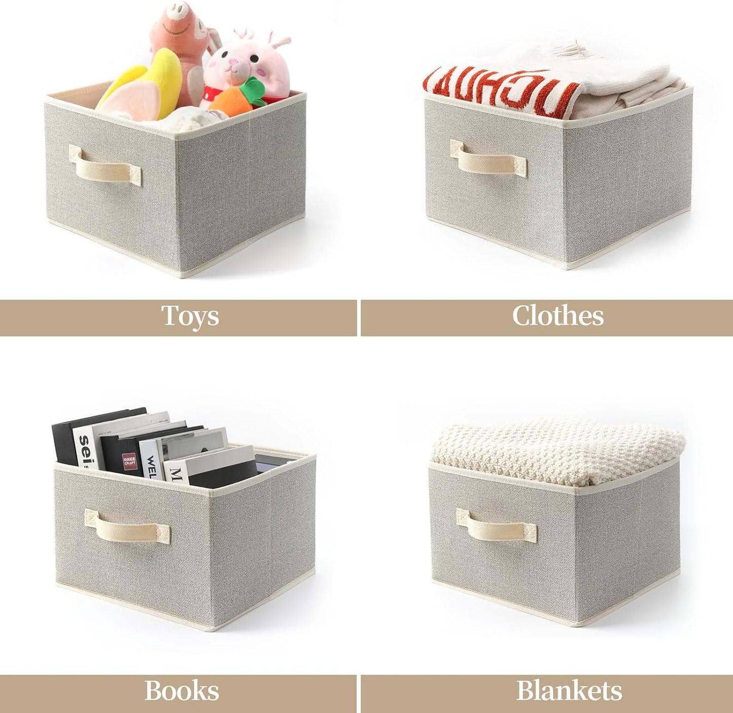Storage Baskets, 11-Inch Woven Fabric Bins, Storage Cubes with Reinforced Handles, Organizer Bins for Closet Shelves, Foldable, for Toys, Clothes, Natural Beige (4PCS/Beige-11*11*7.8inch)
