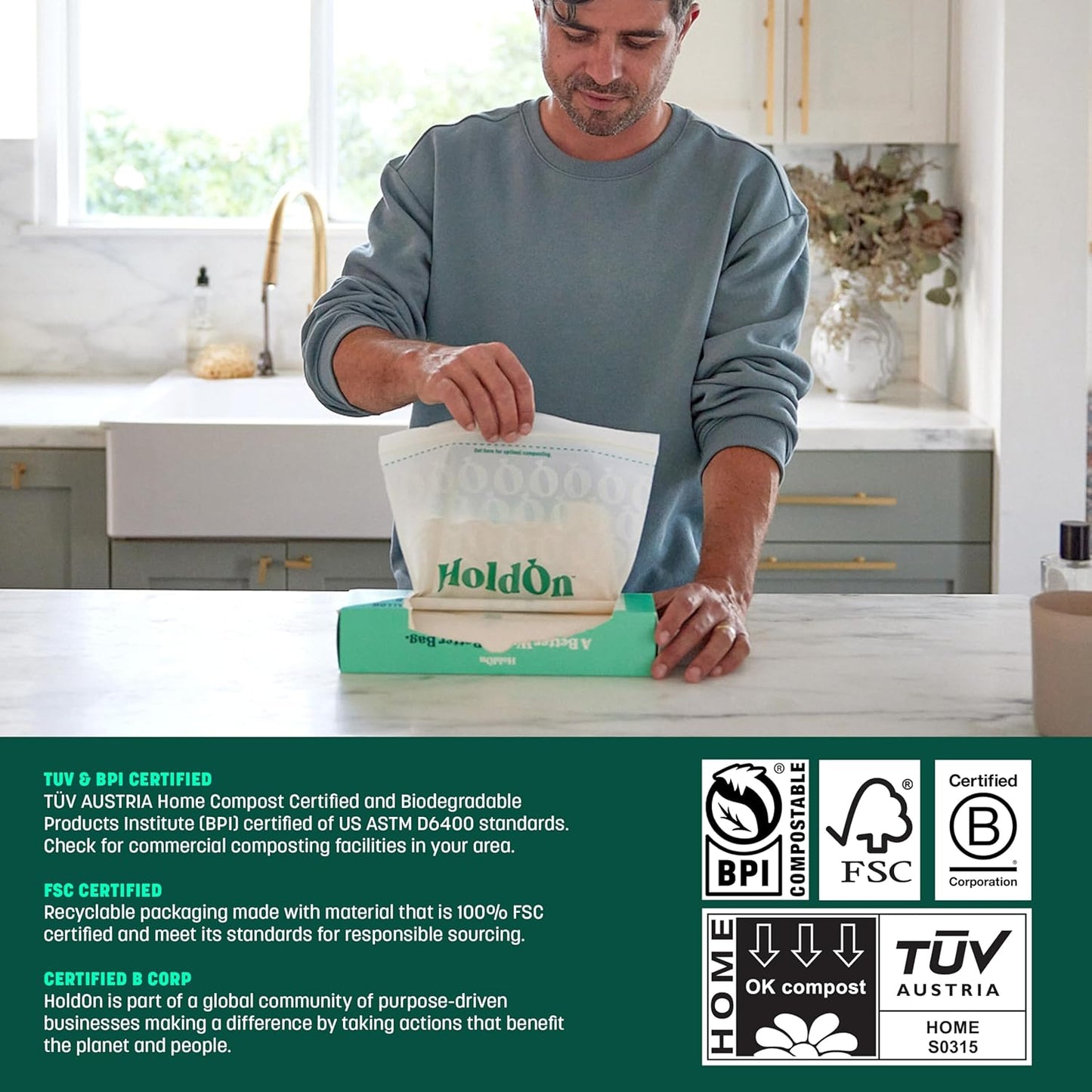 HoldOn Zipseal Gallon Bags - Compostable, PFOA-Free, BPA-Free, Food-Safe Zip Seal Food Storage Bags/Freezer-Safe Gallon Bags With Secure Seal for Home & Travel (25 bags total)