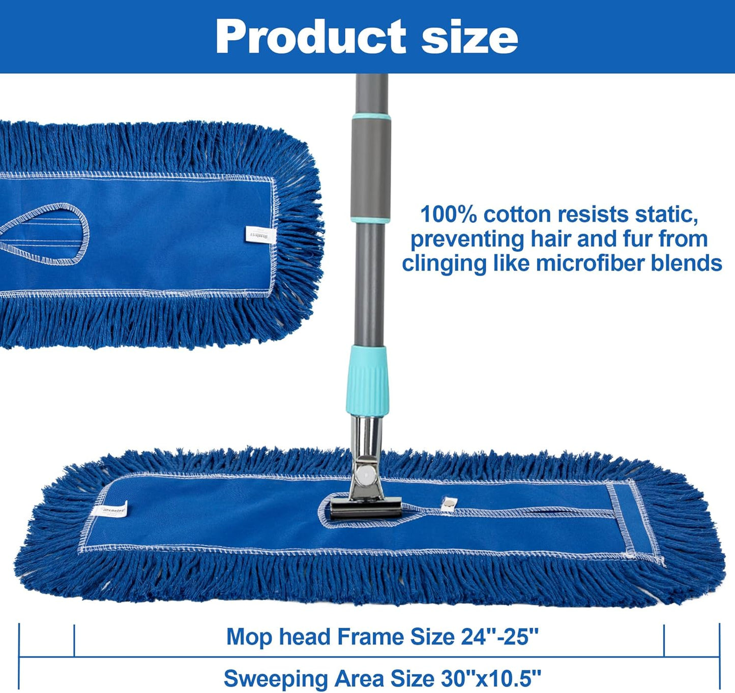4 Pack - 24-Inch Washable Dust Mop Heads – Full Cloth, Extra Durable, Easy Button - No Clinging to Hair or Fur, Easy to Use Replacement for Commercial and Home Cleaning - iDeaology