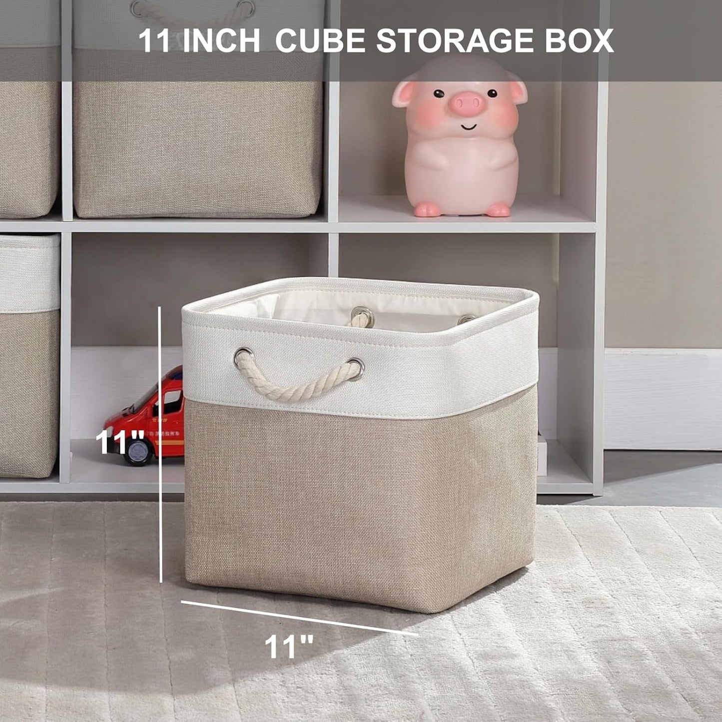 Mangata Canvas Storage Boxes, 11 Inch Cube Storage Bins Set of 6, Fabric Baskets with Cotton Rope Handle for Organizing Clothes Nursery Home (Khaki/White)
