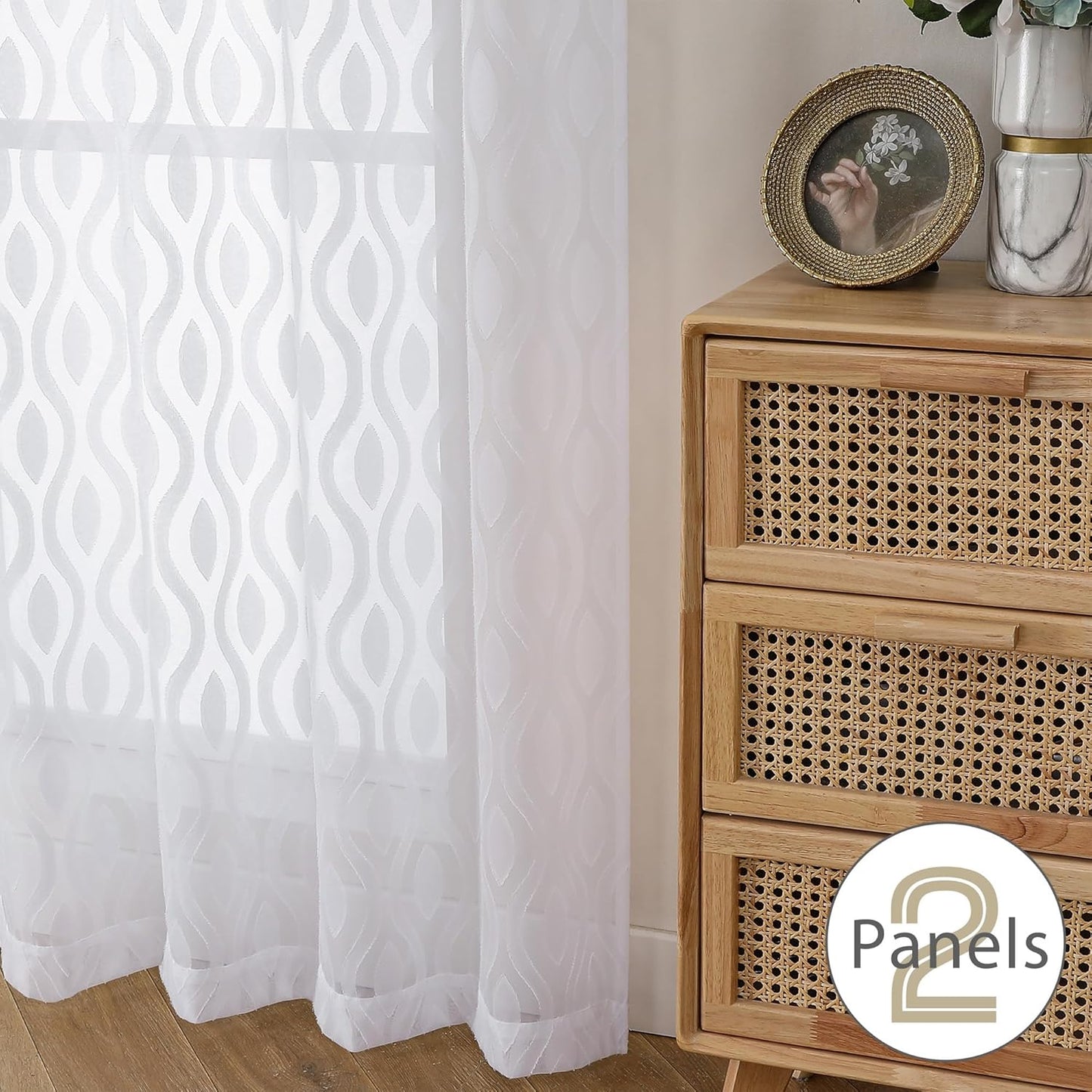 Aiyufeng White Sheer Curtains 45 Inch Length 2 Panels Set, Farmhouse Clip Jacquard Textured Short Curtains, Lightweight Chic Wavy Line Window Curtains Drapes for Bedroom, 40" Wx45 L Inches