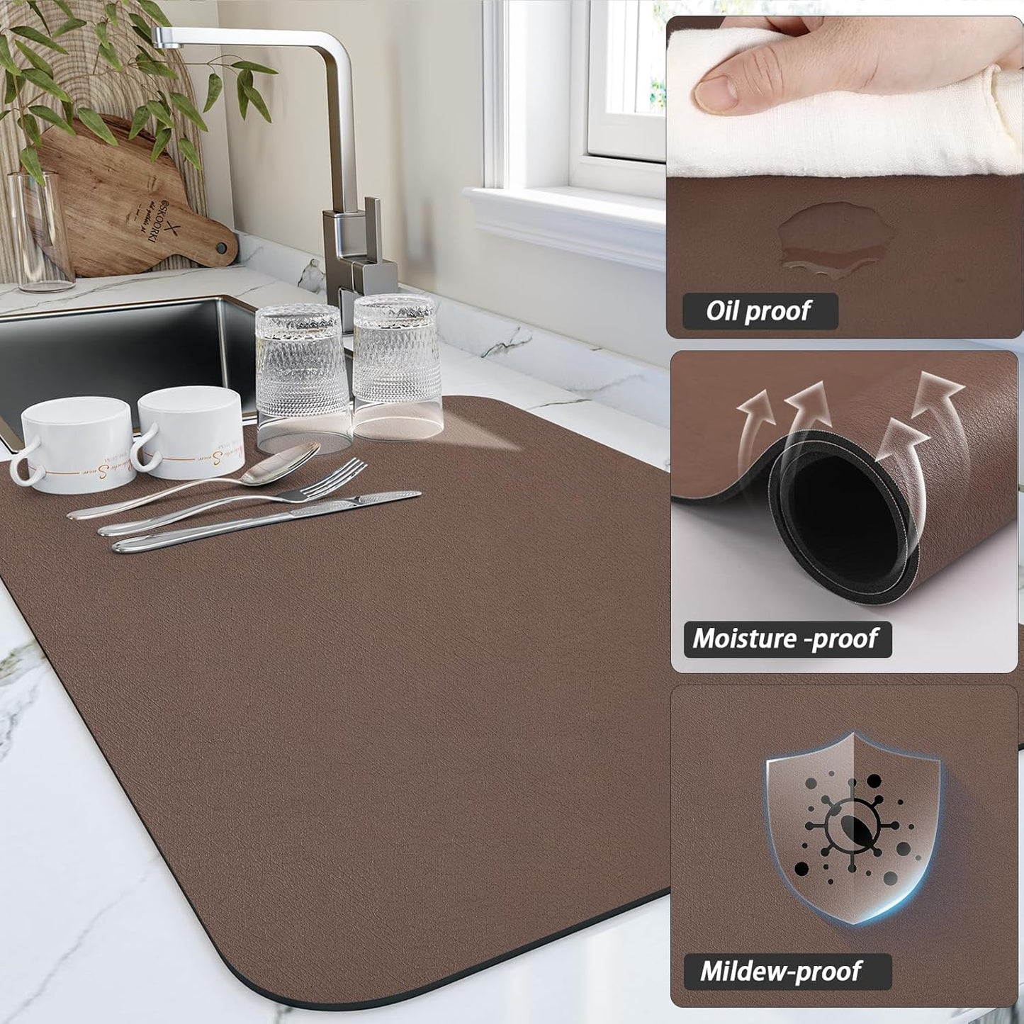 Dish Drying Mat for Kitchen Counter, Heat Resistant Drainer Mats with Non-slip Rubber Backed, Hide Stain Kitchen Super Absorbent Draining Mat, Easy to Clean Dish Rack Pad, Brown 18"x24"