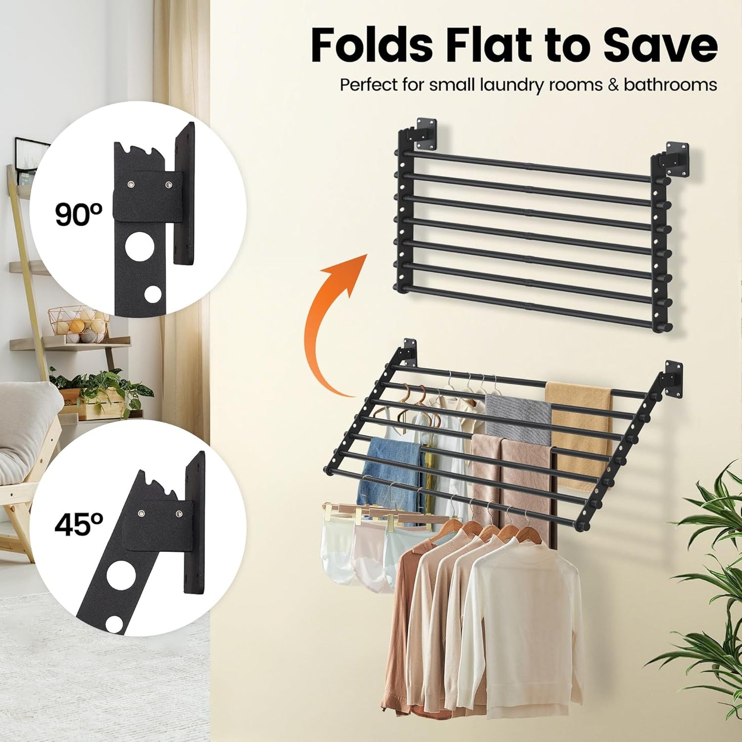 Wall Mounted Clothes Drying Rack 43 Inch – Foldable Laundry Drying Rack for Wall Mount, Space Saving Indoor Drying Rack for Clothes, Compact & Sturdy Design