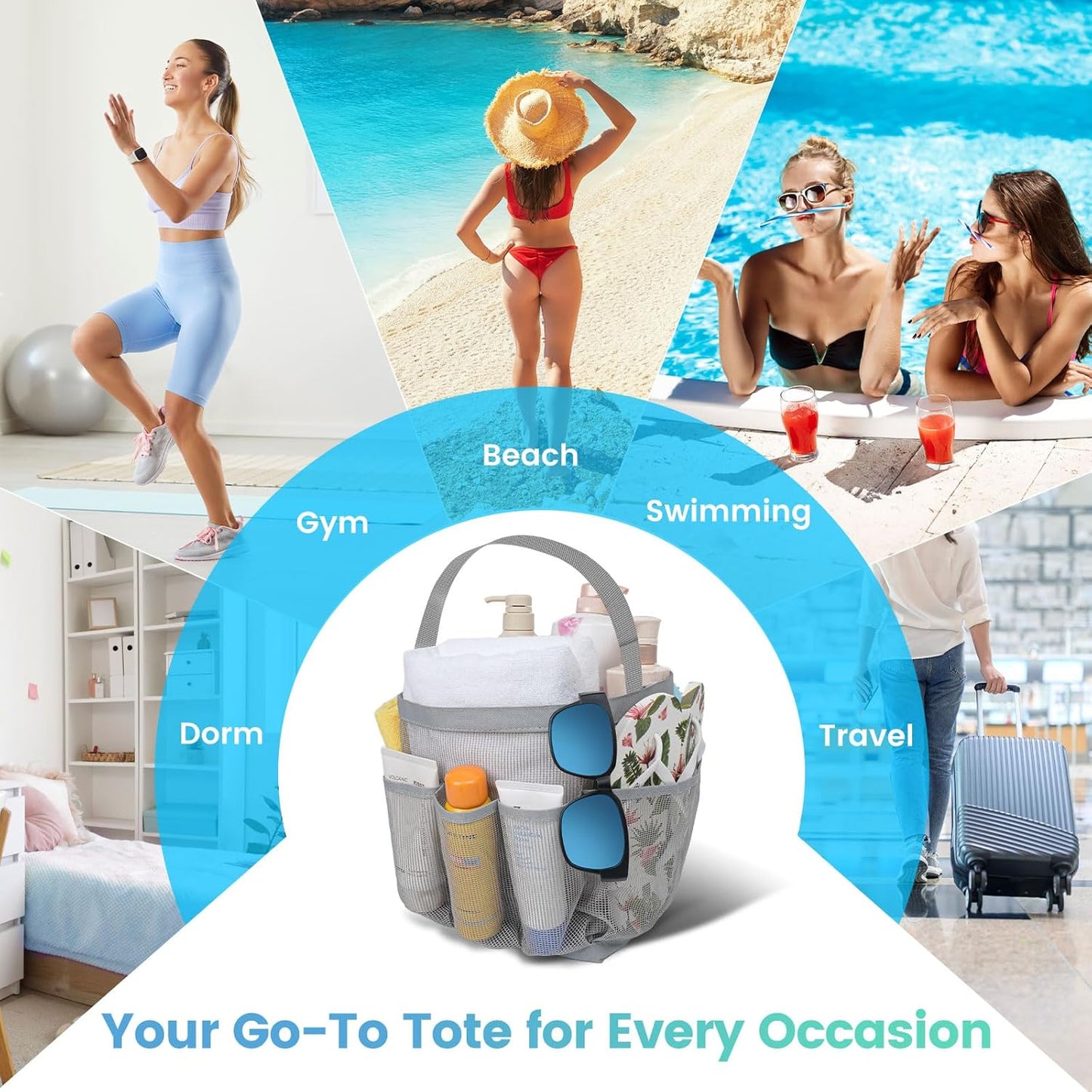 Shower Caddy for College Dorm Room Essentials for Girls with 9 Pockets,Large-Capacity Shower Basket,Quick Dry Toiletry Tote Bag for Outdoor Gym,Travel,Swim,Beach Camping Essentials-Black and Grey