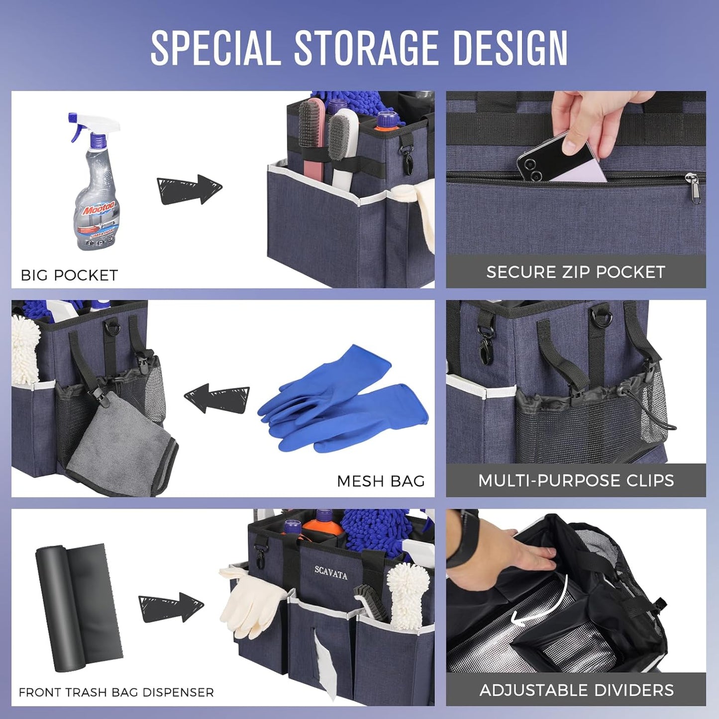 Wearable Caddy Bag, Cleaning Supplies Organizer With Handle & Shoulder Straps for Housekeepers, Under Sink & Car Tool Organizers With 4 Foldable Divider (NavyBlue)