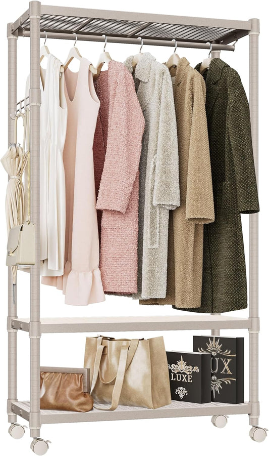 IZEUK Heavy Duty Rolling Garment Rack Wire Clothes Rack for Hanging Clothes, Metal Freestanding Closet Wardrobe Rack 3-Tier Clothing Rack with Wooden Boards Gold 17.7" D x 33.5" W x 70.3" H