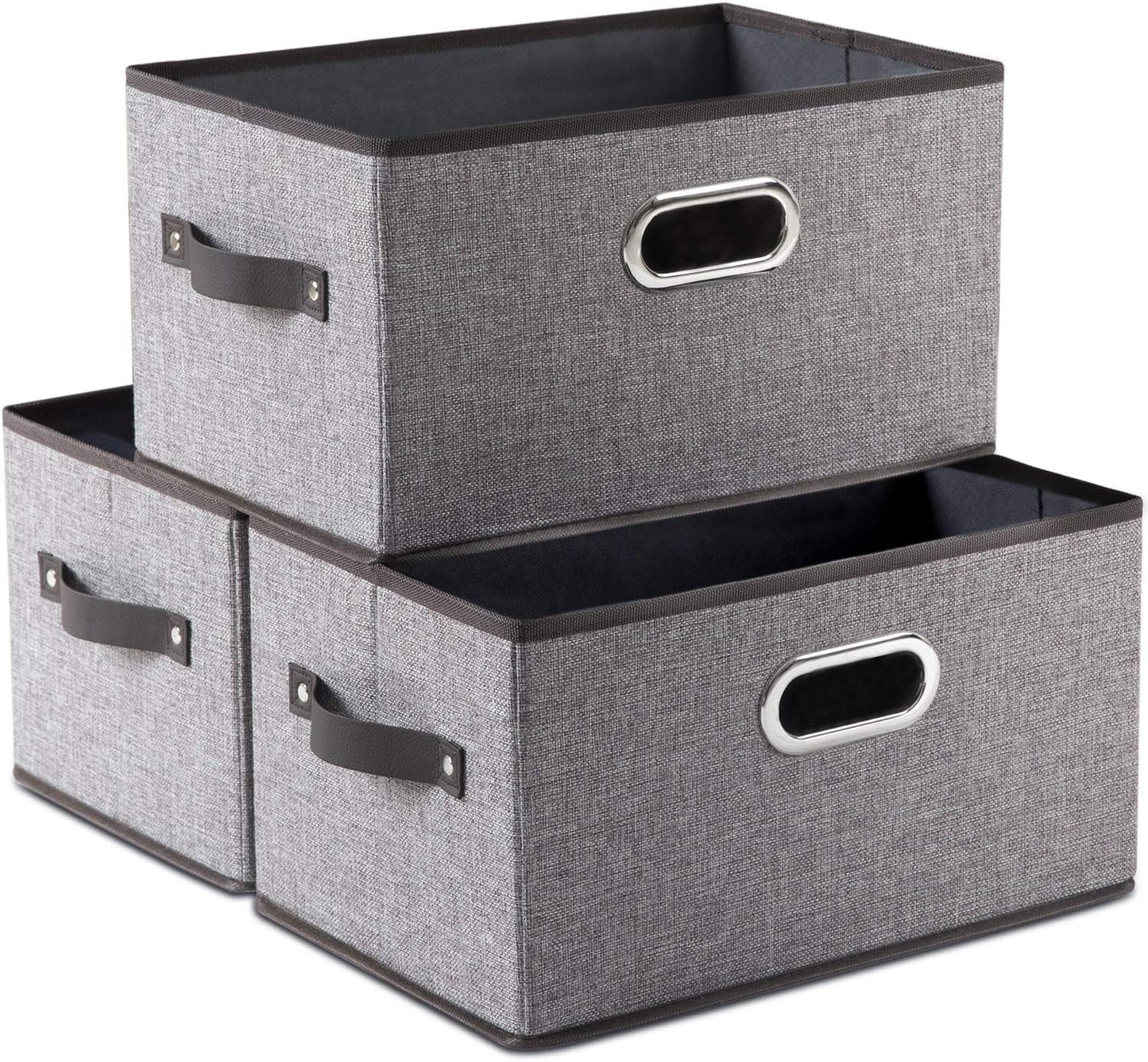 PRANDOM Large Foldable Storage Bins for Shelves [3-pack] Decorative Linen Fabric Storage Baskets Cubes with Leather/Metal Handles for Closet Nursery Office Grey and Black Trim (14.9x9.8x8.3 Inch)