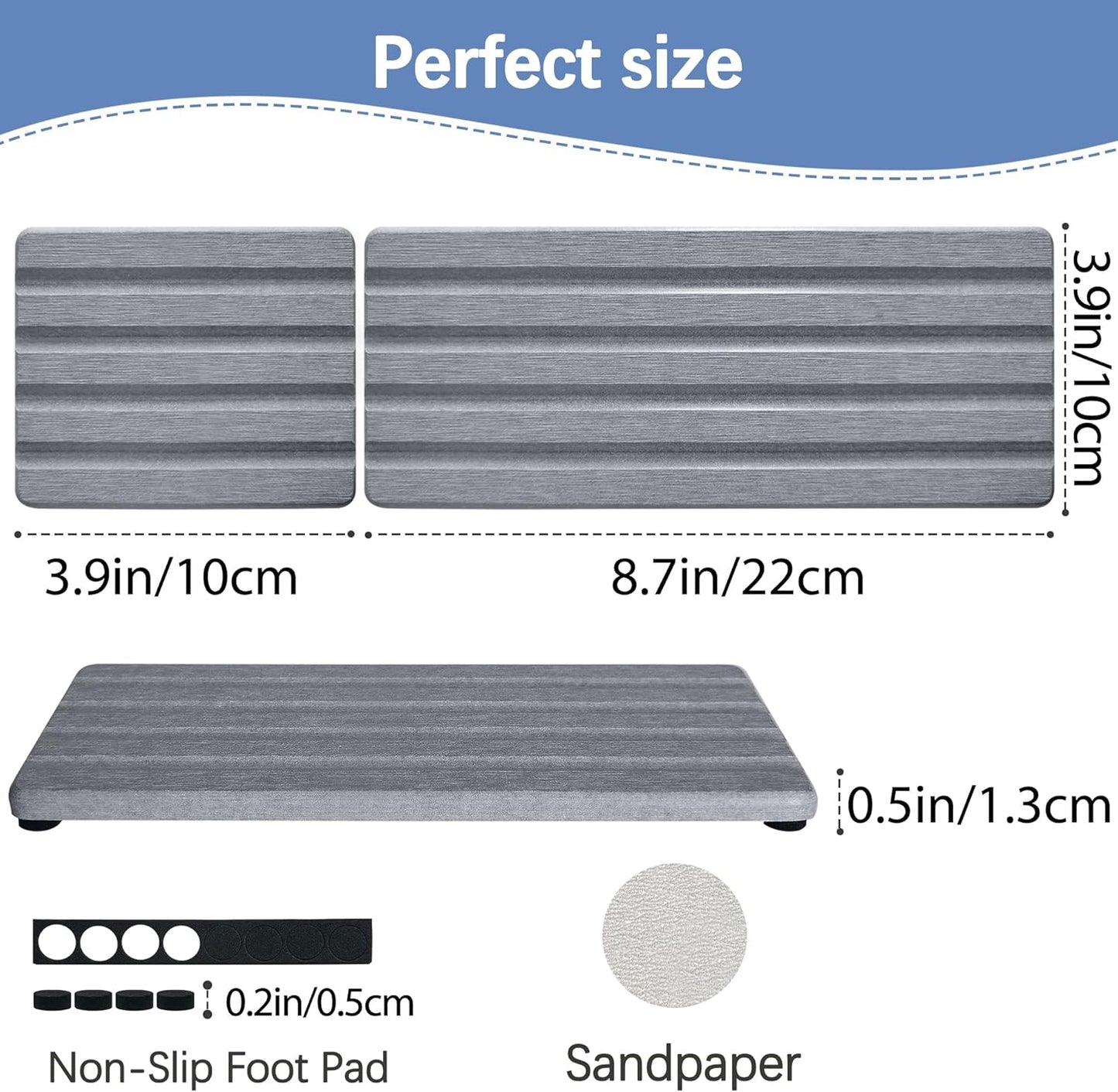 Set of 3 Diatomite Hand Soap Holder, Water Absorbing Stone Tray for Kitchen Countertop, Fast-Drying Bathroom Trays(1pcs 22 x 10cm + 2pcs 10 x 10cm Grey)