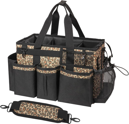 Wearable Cleaning Caddy, Cleaning Caddy Supplies Organizer with Handle & Shoulder Straps for Housekeepers, Under Sink & Car Cleaning Tool Organizers Bag with 4 Foldable Divider (Leopard)