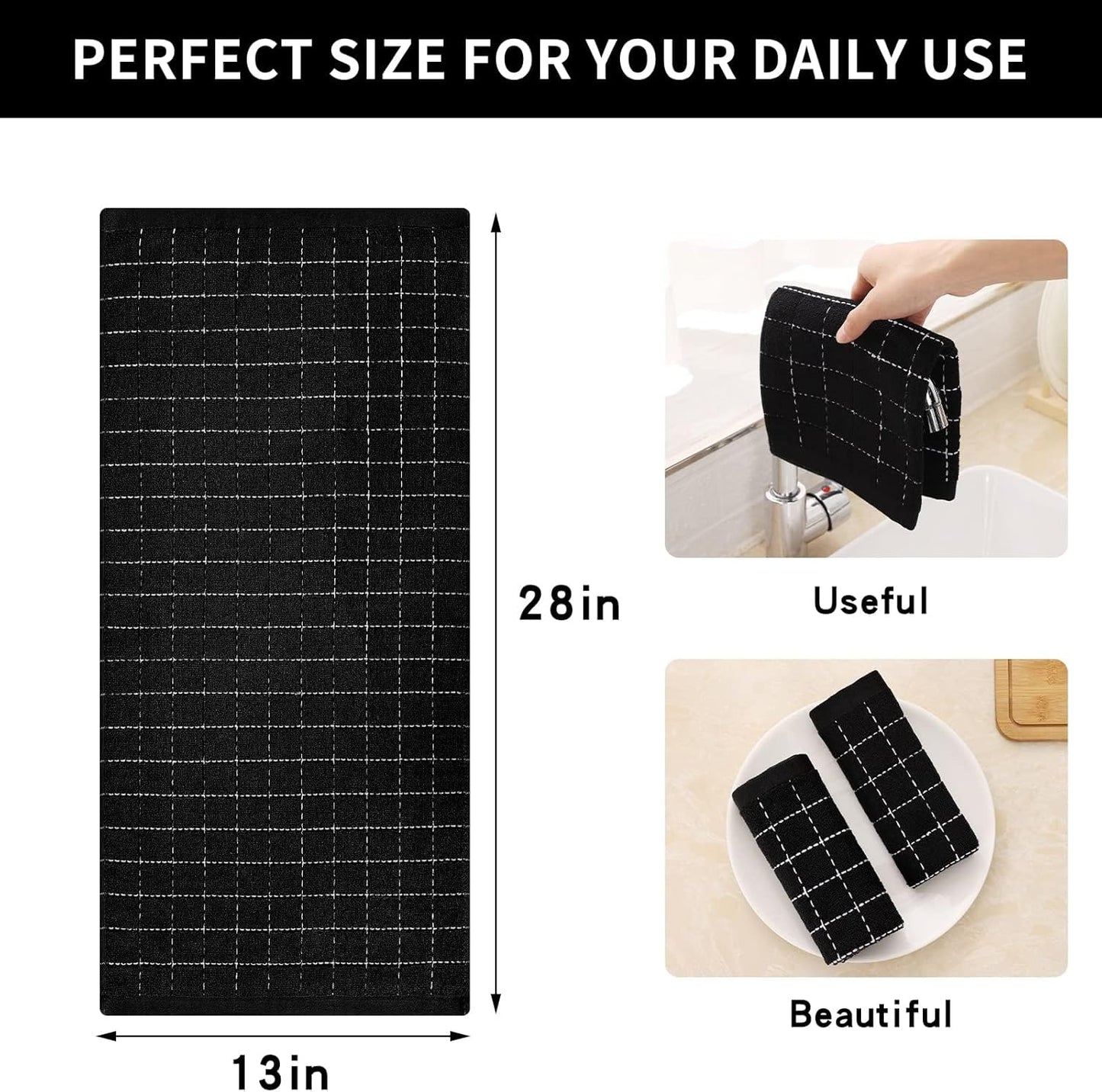 Homaxy 100% Cotton Terry Kitchen Towels(Black, 13 x 28 inches), Checkered Designed, Soft and Super Absorbent Dish Towels, 6 Pack