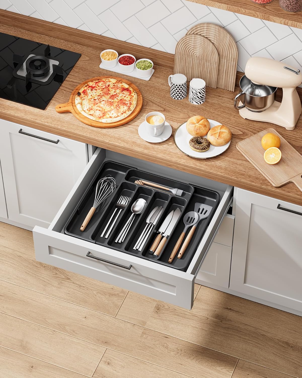 Kitsure Cutlery Drawer Organiser for Kitchen - Adjustable Cutlery Tray for Effortless Utensil Sorting, Versatile Kitchen Storage & Organisation Solution, 12.13" x 1.54" x 8.07"~13.90", Black
