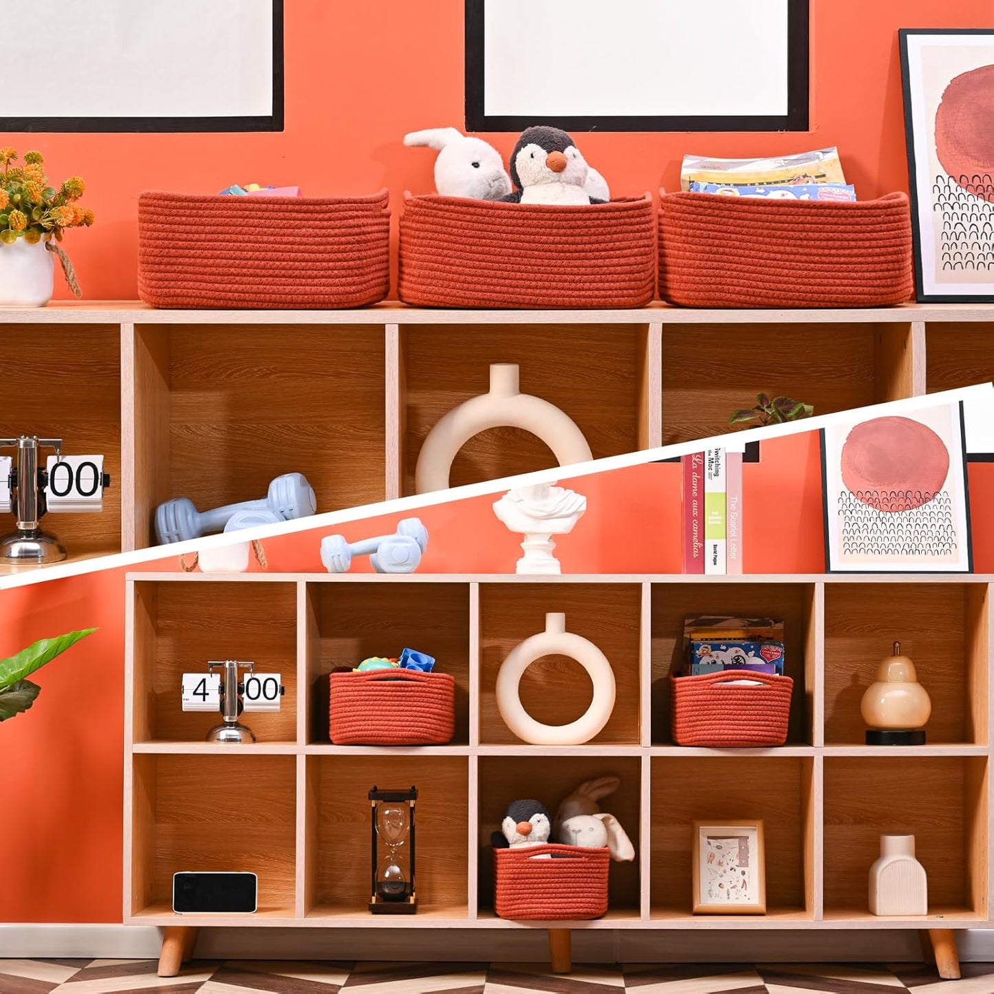 Small Red Woven Baskets for Organizing, Basket for Gifts Empty, Cotton Rope Baskets for Storage, Organizer Bins for Organization, 13"×8.5"×5.1" (3 Packs) Brick Red