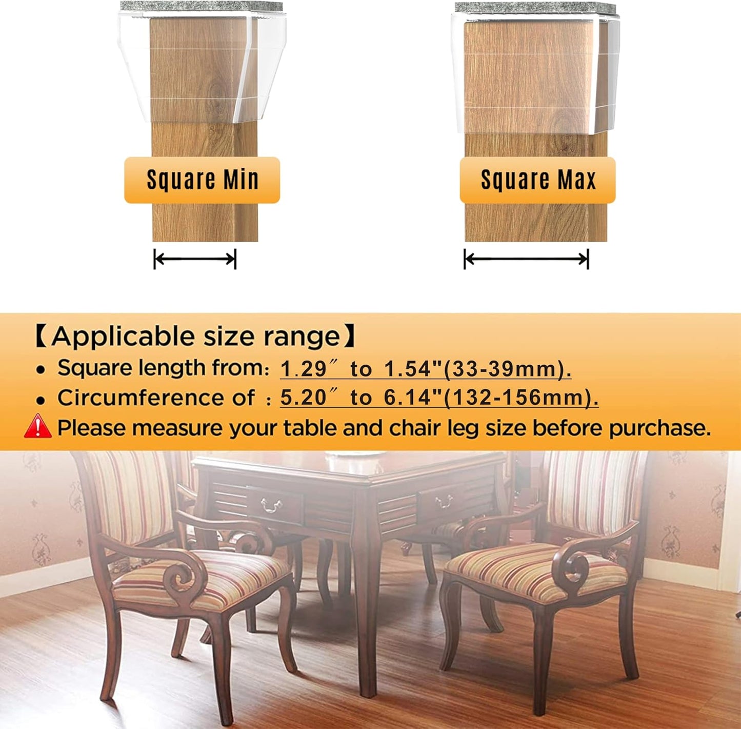 Square Chair Leg Protectors for Hardwood Floors,16 Pcs Silicone Felt Furniture Legs Caps to Prevent Floor from Scratches and Reduce Noise, Easy to Move,1.26-1.57",Clear.