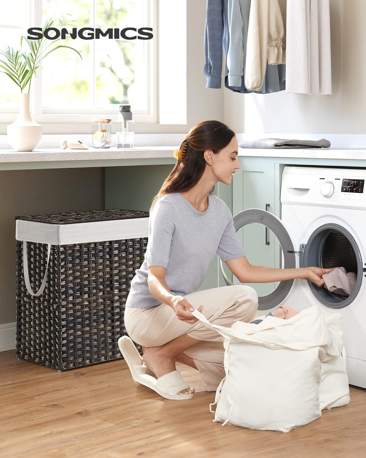 SONGMICS Laundry Hamper with Lid, 110L Clothes Hamper with 2 Removable Liner Bags, 6 Mesh Bags, Wicker Laundry Basket, Double Laundry Hamper for Bathroom, 13 x 22.4 x 23.6 Inches, Brown ULCB052K02