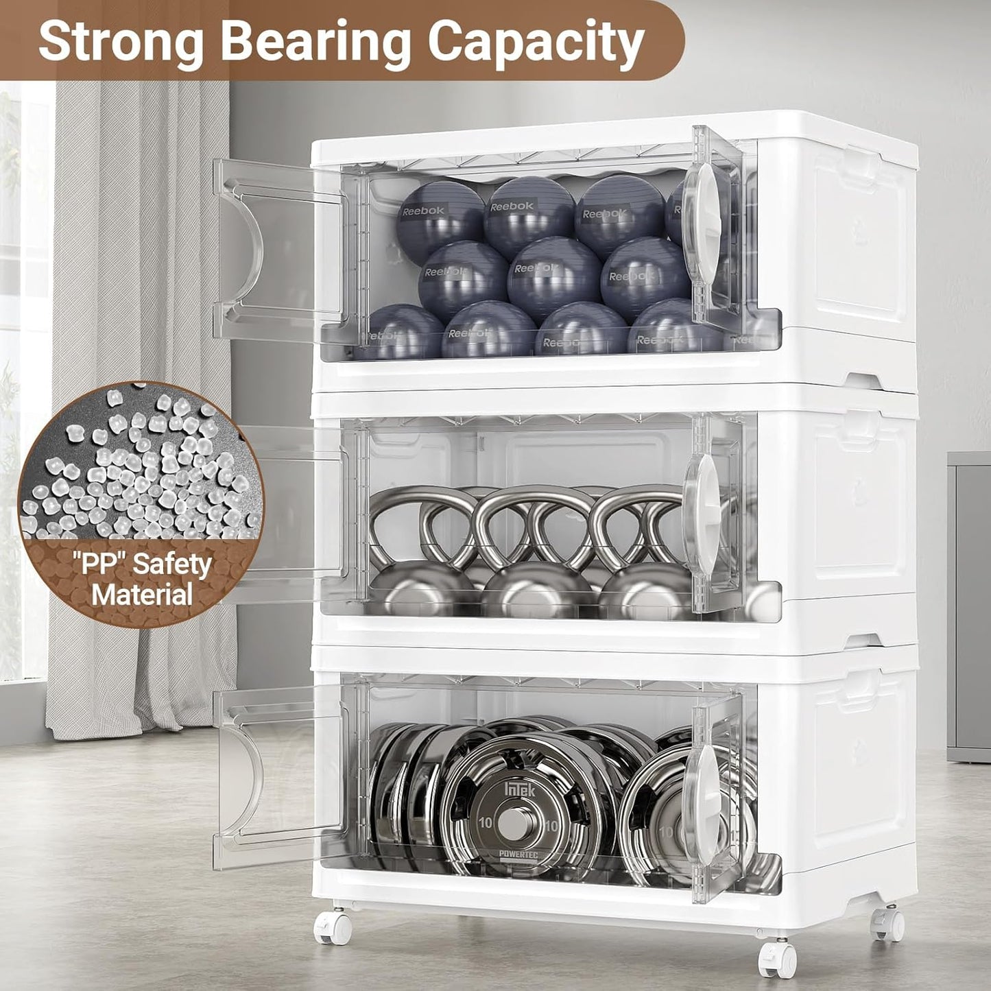 BROVIEW 480Qt Lockable Stackable Storage Bins with Lids, Closet Organizers and Storage Drawer, Collapsible Storage Bin with Wheels, Plastic Cabinet for Toy Clothes Dorm Organizer, V9 4 Pack White