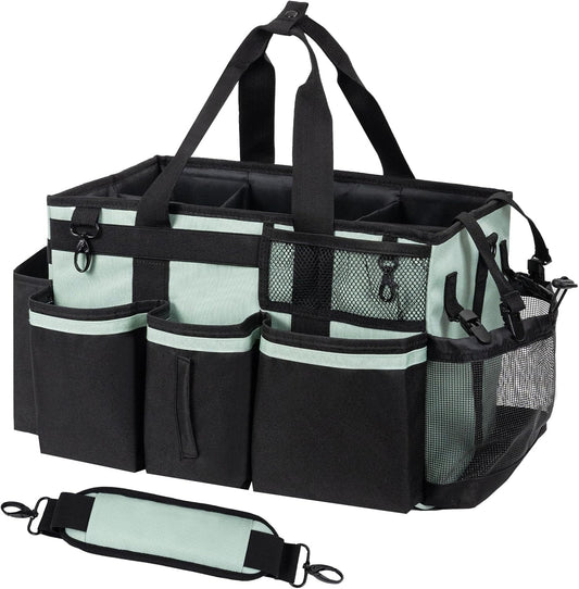 Wearable Cleaning Caddy, Cleaning Caddy Supplies Organizer with Handle & Shoulder Straps for Housekeepers, Under Sink & Car Cleaning Tool Organizers Bag with 4 Foldable Divider (Celadon)