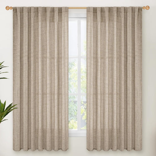YoungsTex Dark Oatmeal Linen Curtains 63 Inch Length for Living Room, Semi Sheer Light Filtering Window Drapes Extra Wide Rod Pocket Back Tab Curtain for Bedroom, 2 Panels, 60 X 63 Inch