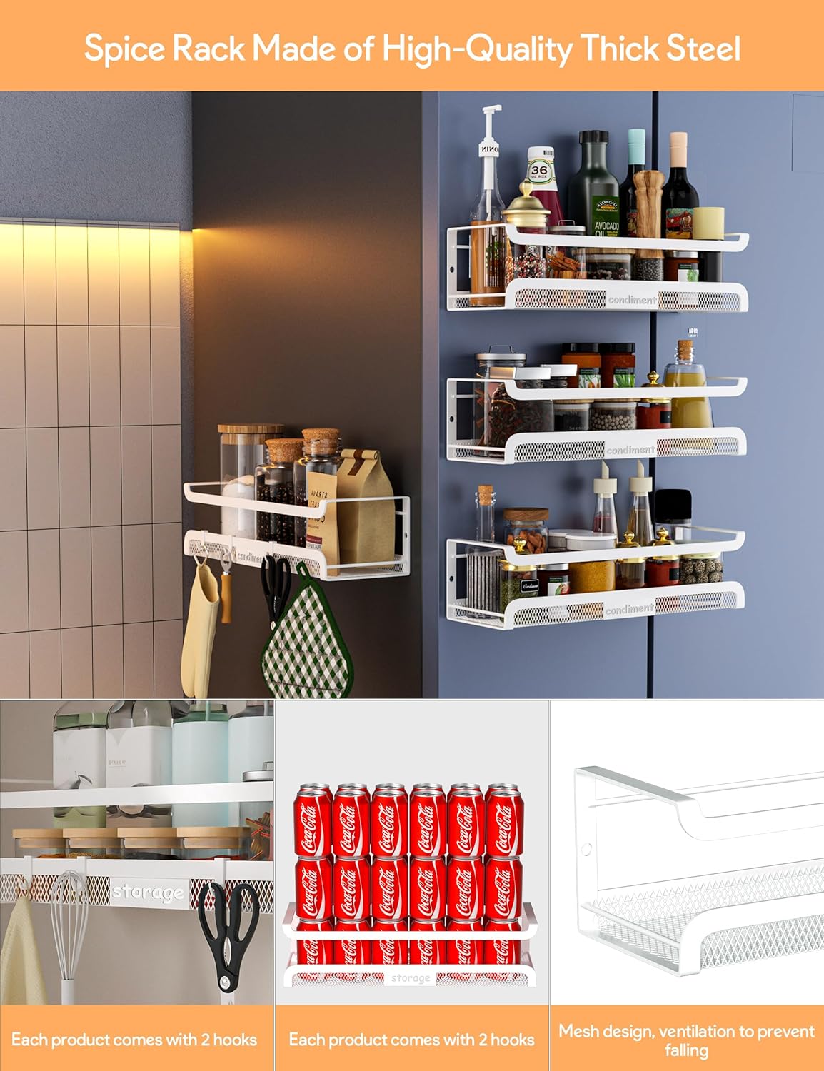 Spice Rack Wall Mount with Hooks - Spice Racks Organizer for Cabinet Storage, Wall Mounted Hanging Shelf Seasoning Organizer, for Kitchen, Pantry Door, Bathroom (White, 4 Pack)