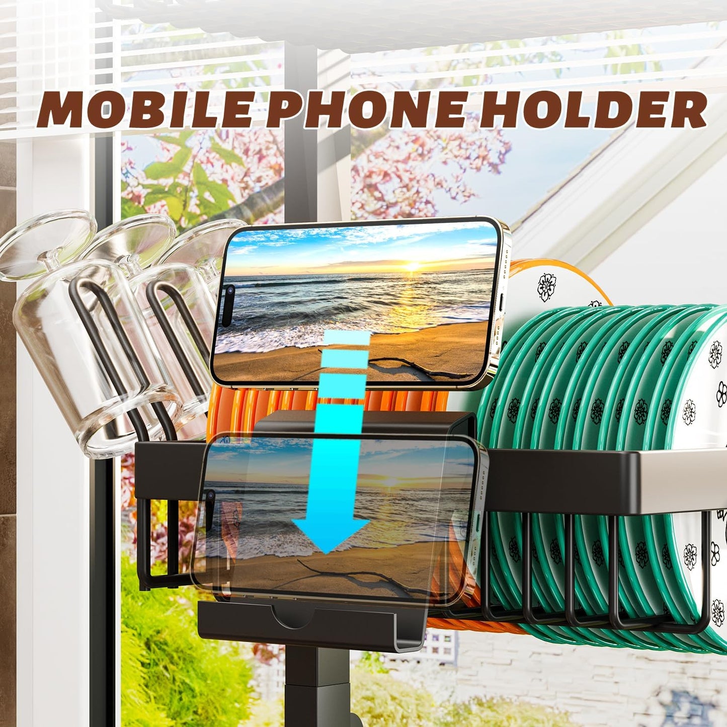 3-Tier Over Sink Dish Draining Rack, Adjustable Width and Height, with Phone Holder, Cup Holder, Knife and Chopstick Holder, Cutting Board Rack, Space-Saving Rack