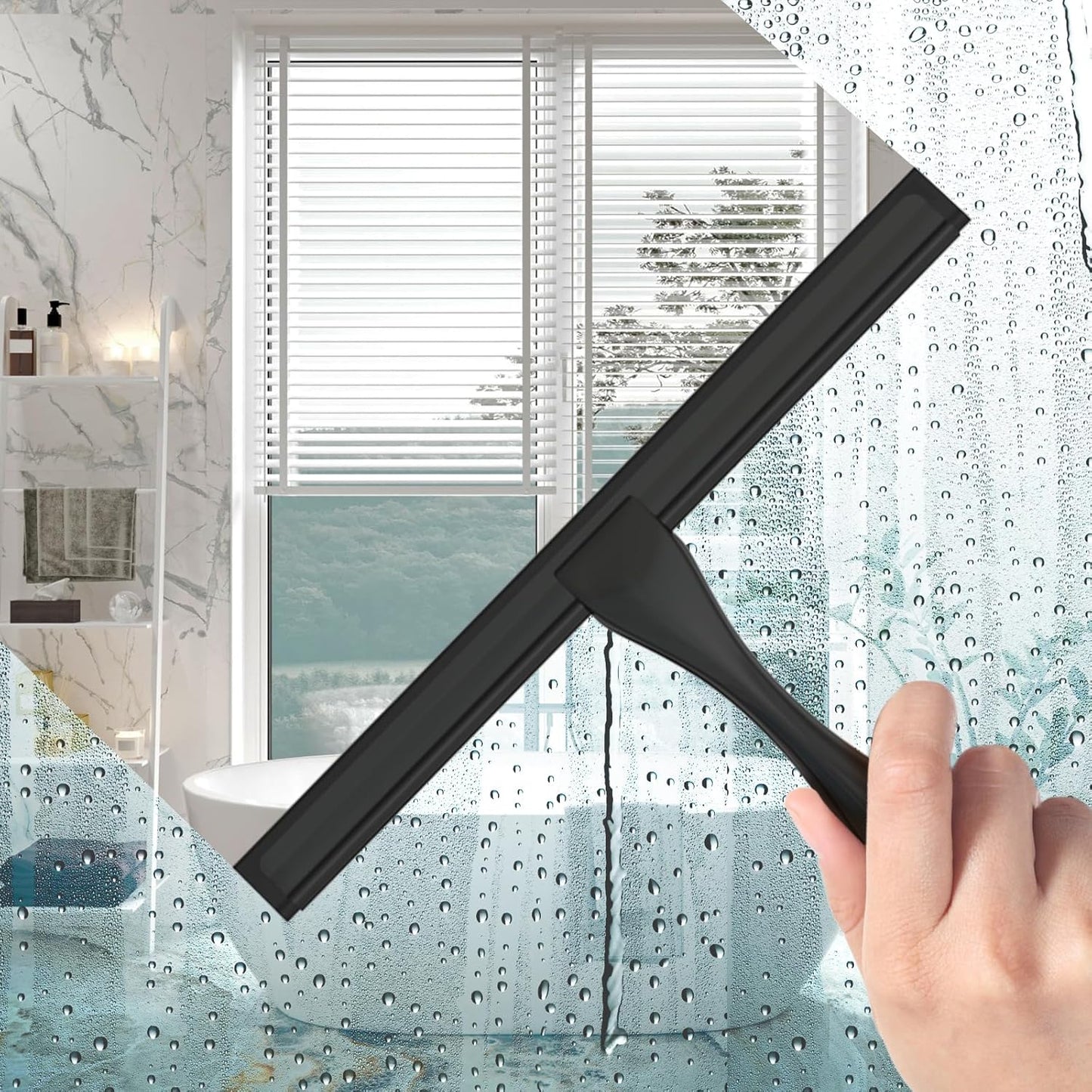 All-Purpose Stainless Steel Shower Squeegee for Glass Doors with Adhesive Hooks, Squeegee for Shower Glass, Bathroom Household Cleaner Tool for Window Mirror Tile Wall Car, 10 Inch Black