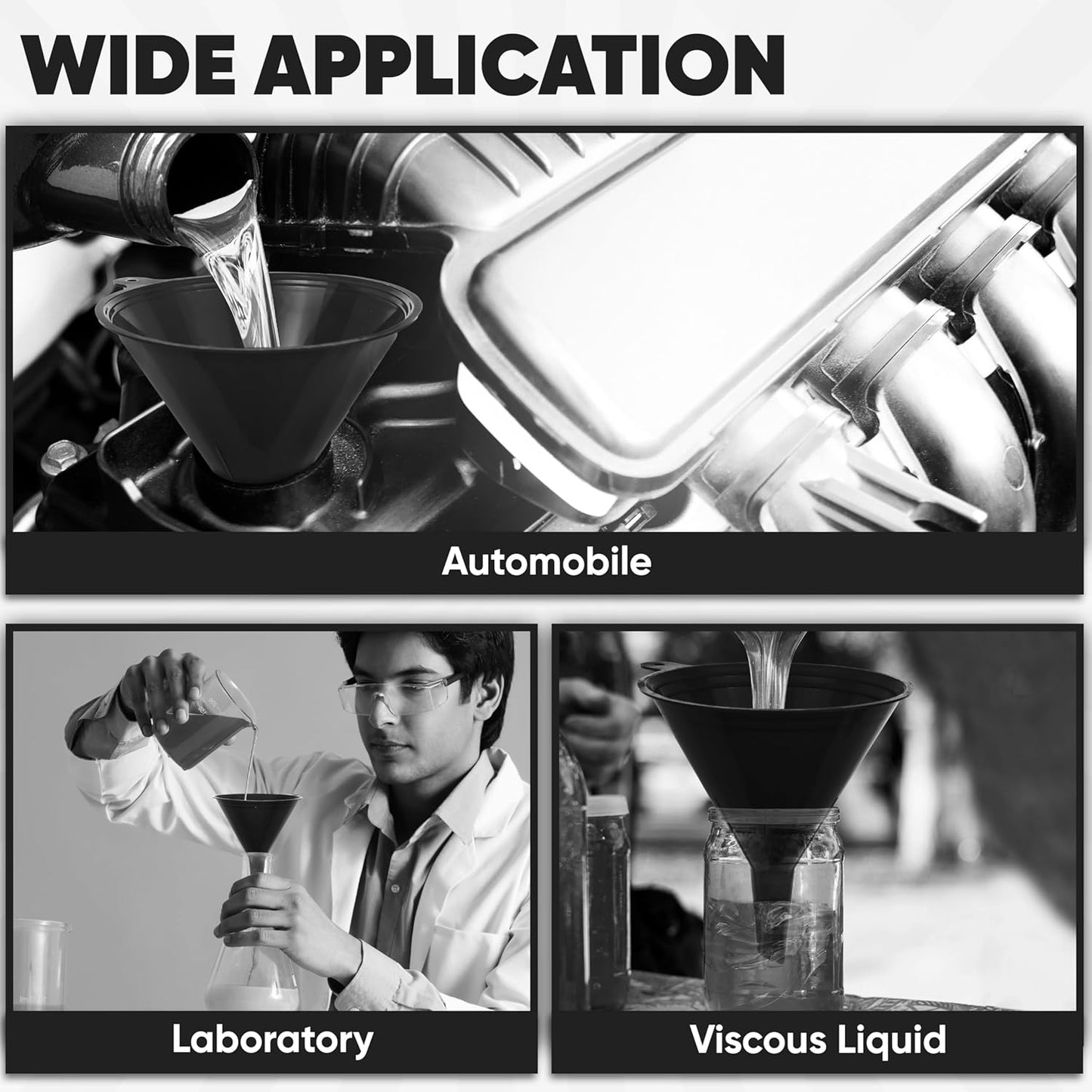 Funnels for Kitchen Use – Black Set in 4 Sizes (122, 101, 76 & 50mm) | Durable, Non-Toxic Food Grade Plastic – Ideal for Filling Bottles, Jars & Containers | Perfect for Kitchen, Garage & Labs