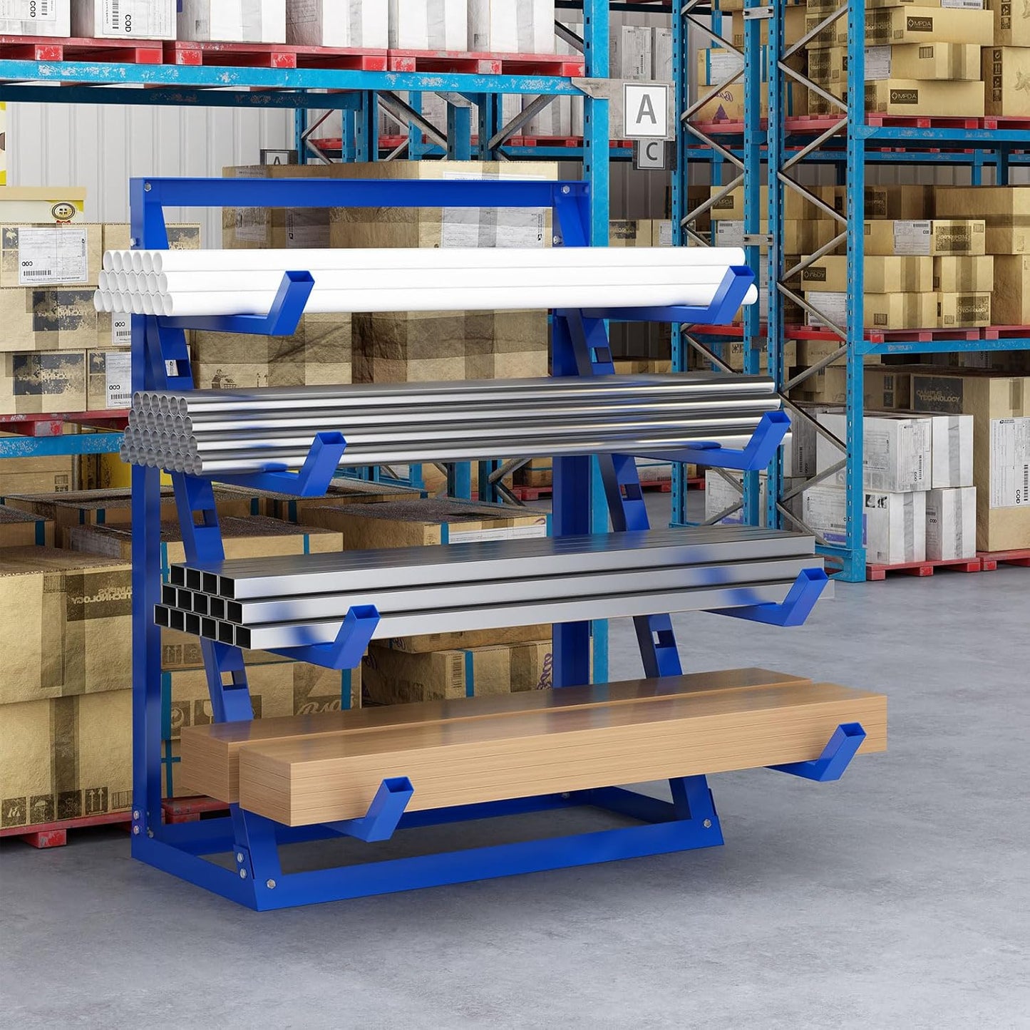 Steel Lumber & Pipe Storage Rack – Heavy Duty 4-Tier Horizontal Organizer Shelf for Garage, Workshop, Basement, 24"x48"x61"