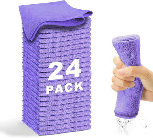 Microfiber Cleaning Cloth-24Pcs (13x13 inch) Ultra Soft Highly Absorbent Rags for Housekeeping-Machine Wash (Purple)