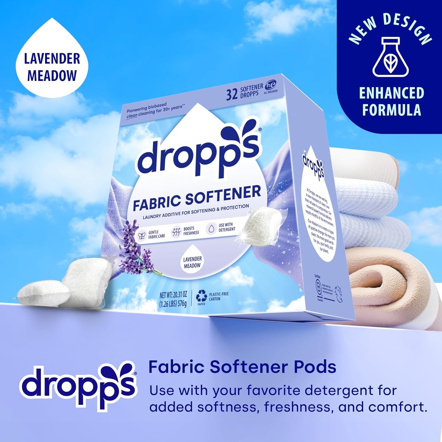 Dropps Laundry Fabric Softener Pods, Lavender Meadow (32 Pods) - Laundry Additive for Softening & Protection - HE Compatible Mineral Based Ingredients Laundry Supplies