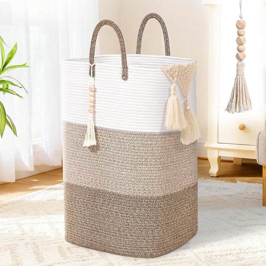 Woven Laundry Basket for Clothes,100 L Large Rectangle Laundry Hampers with Beads Tassel, Nursery Storage Basket for Toys, Tall Dirty Clothes Hamper for Bedroom Aesthetic, Laundry Room Organization