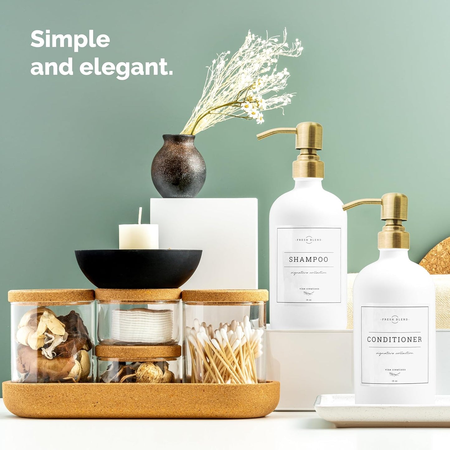 Vine Creations Glass Soap Dispenser, 2 Pack Kitchen Soap Dispenser Set with Ceramic Tray, Stainless Steel Pump, Dish Soap and Hand Soap Dispensers for Bathroom or Kitchen Decor with Waterproof Labels