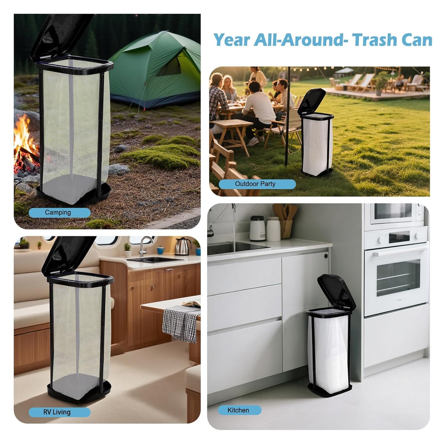 Collapsible Trash Bag Holder Portable Garbage Bin Holder Stand for Kitchen Outside 13 Gallon Plastic Outdoor Trash Can with Lid for Parties and Camping, Black