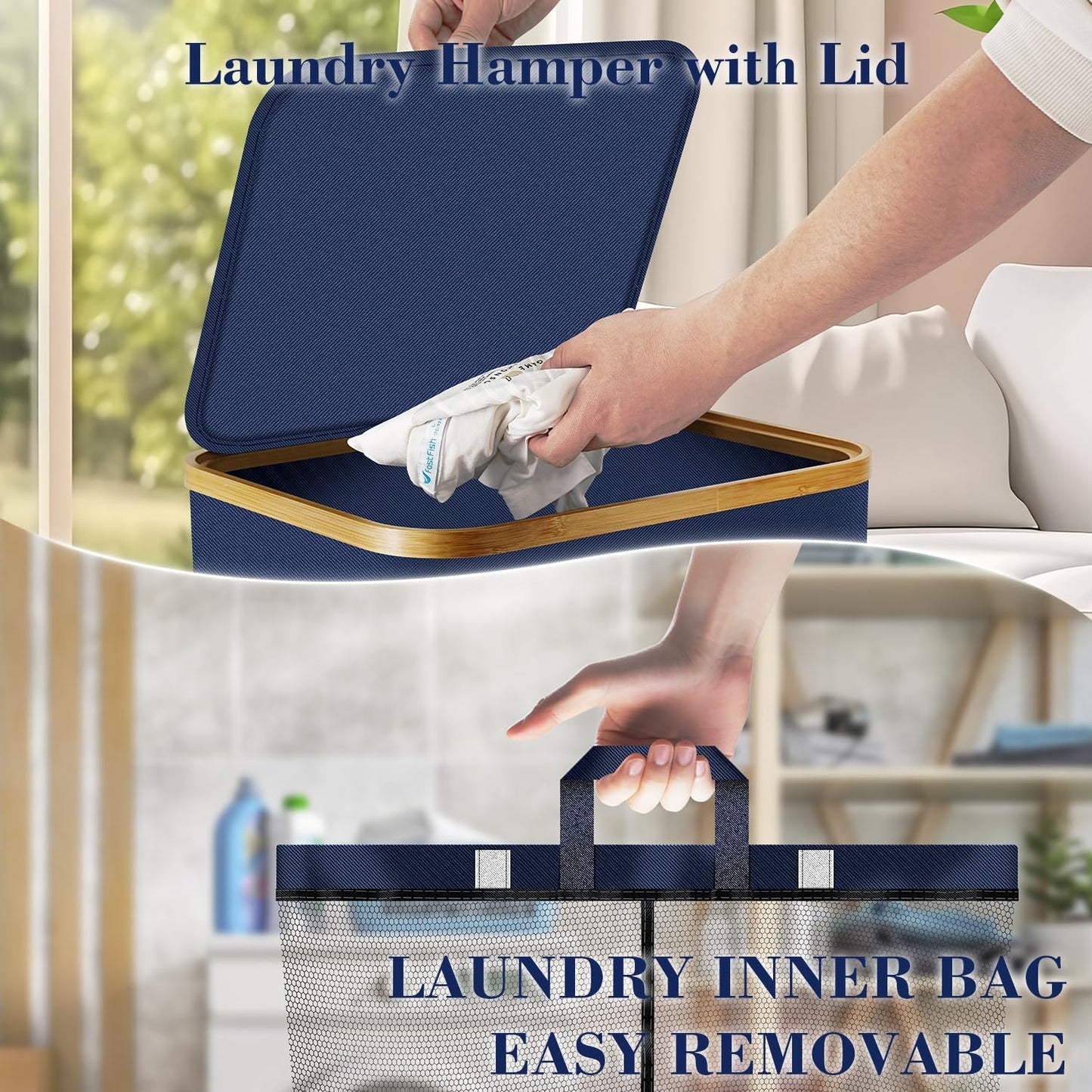 Laundry Hamper with Wheels,29 Gal (110L) Laundry Basket with lid Rolling Clothes Hamper Foldable Dirty Clothes Basket on wheels with Bamboo Frame and Bag for Bedroom, Dorm, Laundry Room-Blue