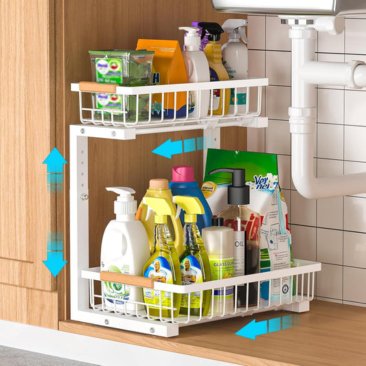 Under Sink Organizer Storage 1 pack, 2 Tier Slide Out Height Adjustable Pull Out Cabinet Organizer Drawers, Kitchen Bathroom Large Capacity Metal Under Sink Rack Caddy Basket Shelves, White