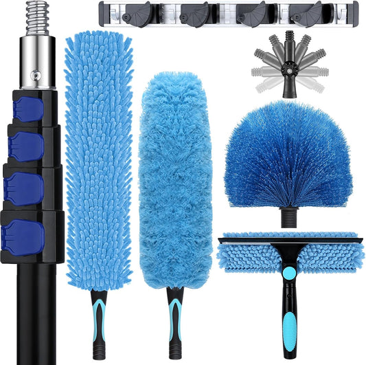 30ft High Ceiling Duster Kits with 5-24ft Heavy Duty Extension Pole - Fan Blade Cleaner, Cobweb Remover & Blue Window Squeegee Kit, Washable Dust Brush for High Roof and Glass Surfaces